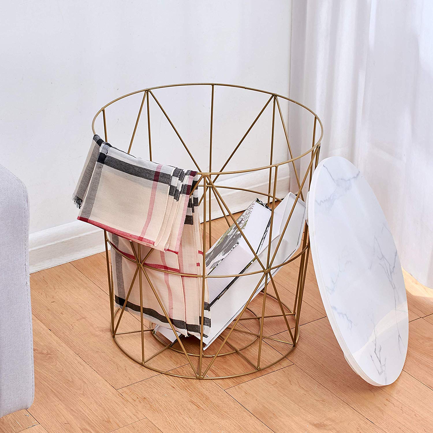 Koram Marble Effect Top Basket Side Table Golden Geometric Wire Frame End Table - Image 2