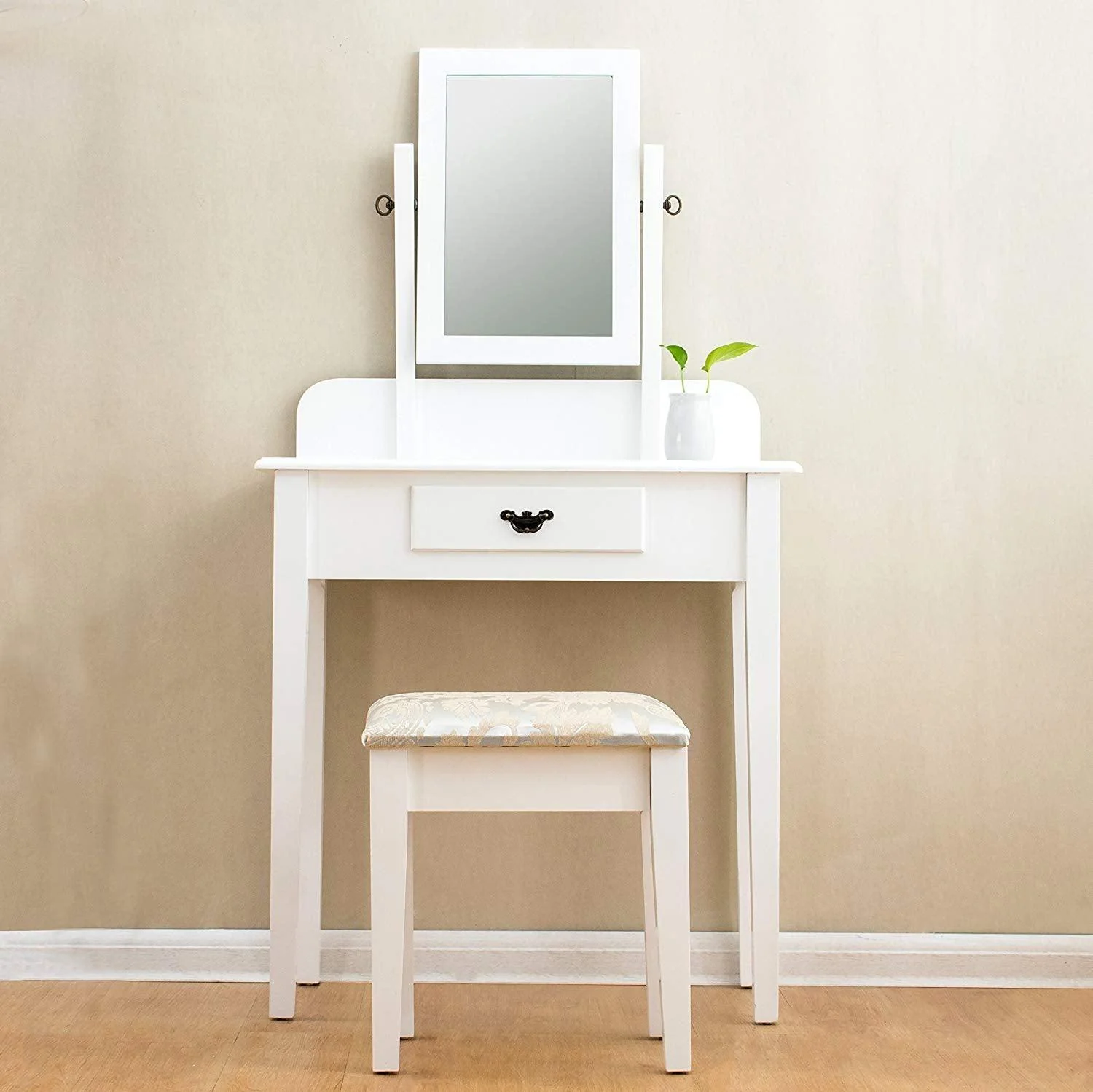 1-Drawer White Dressing Table with Stool & Single Square Mirror - Image 2