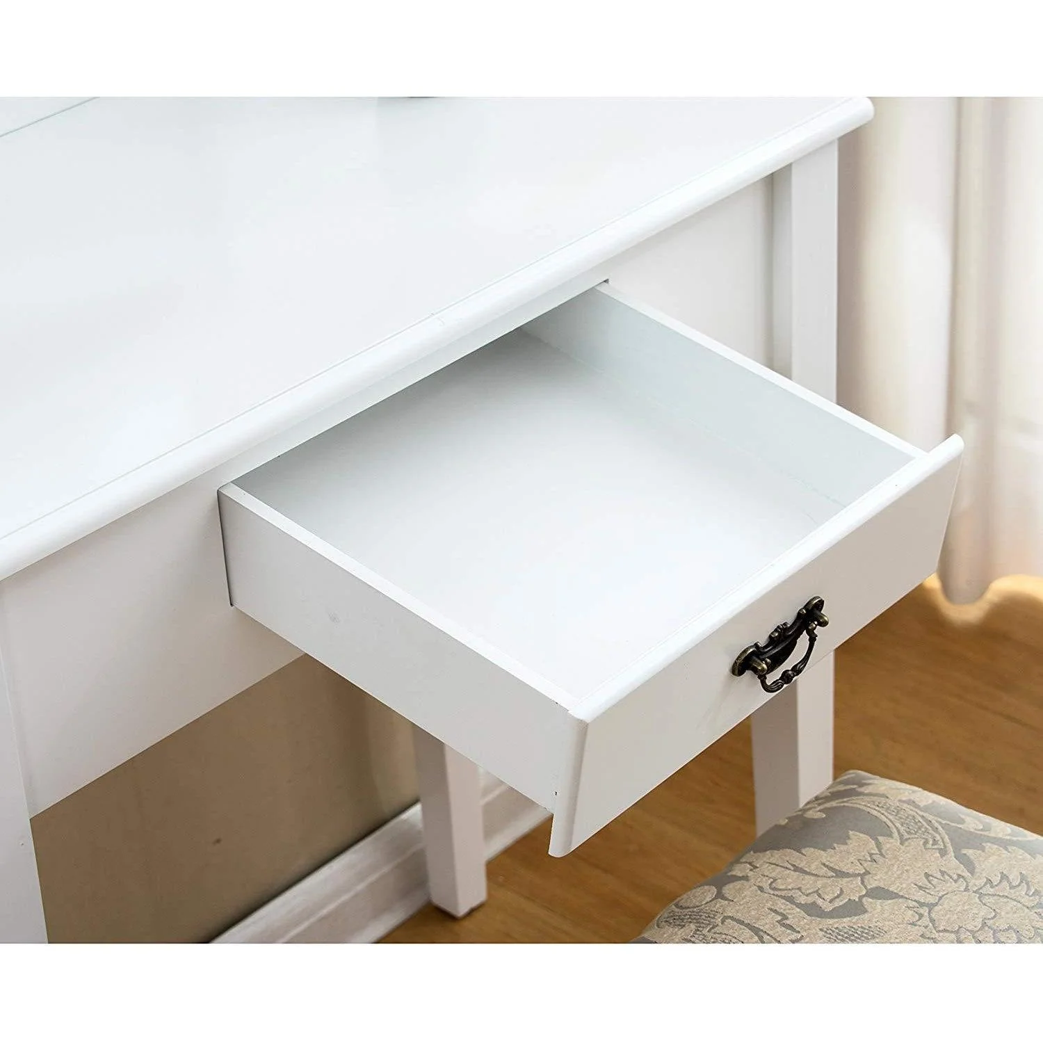 1-Drawer White Dressing Table with Stool & Single Square Mirror - Image 5