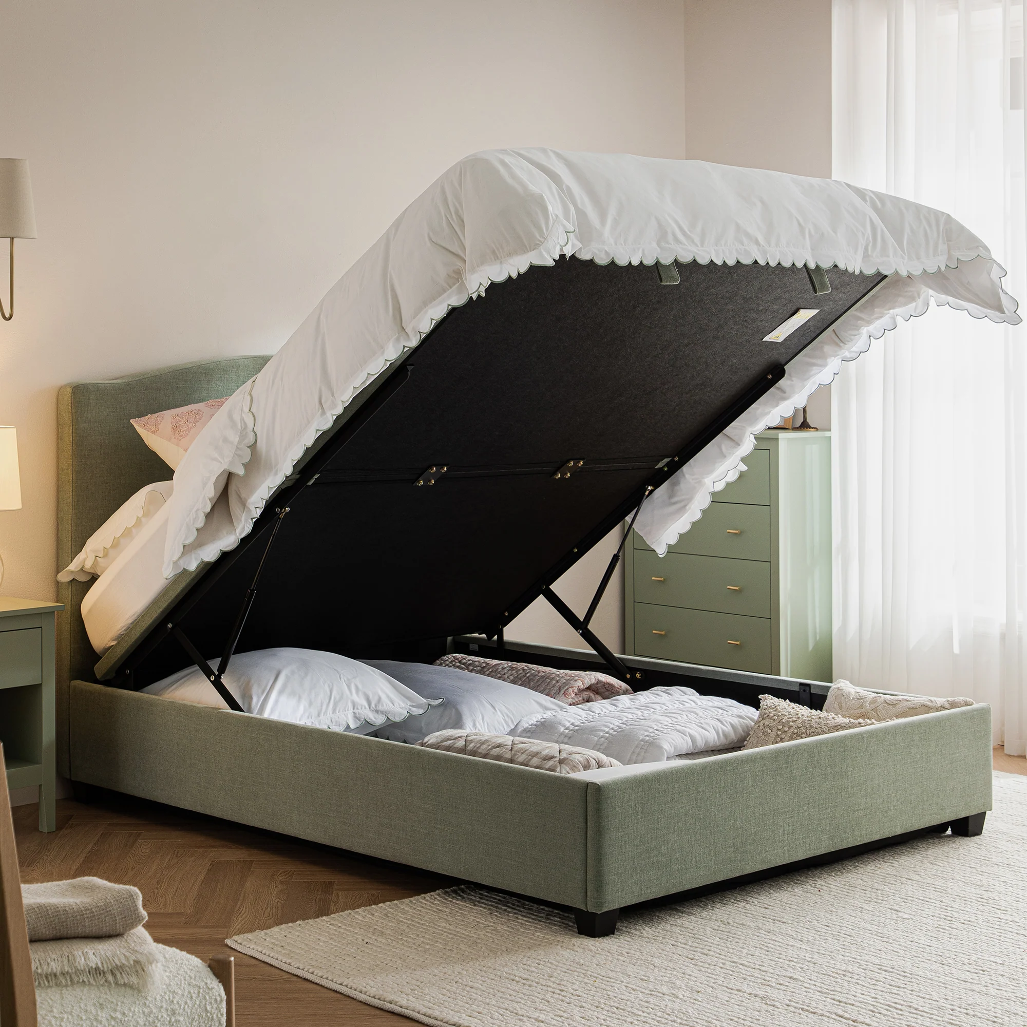 Chilworth Upholstered Ottoman Storage Bed, Water Green Chenille - Image 3