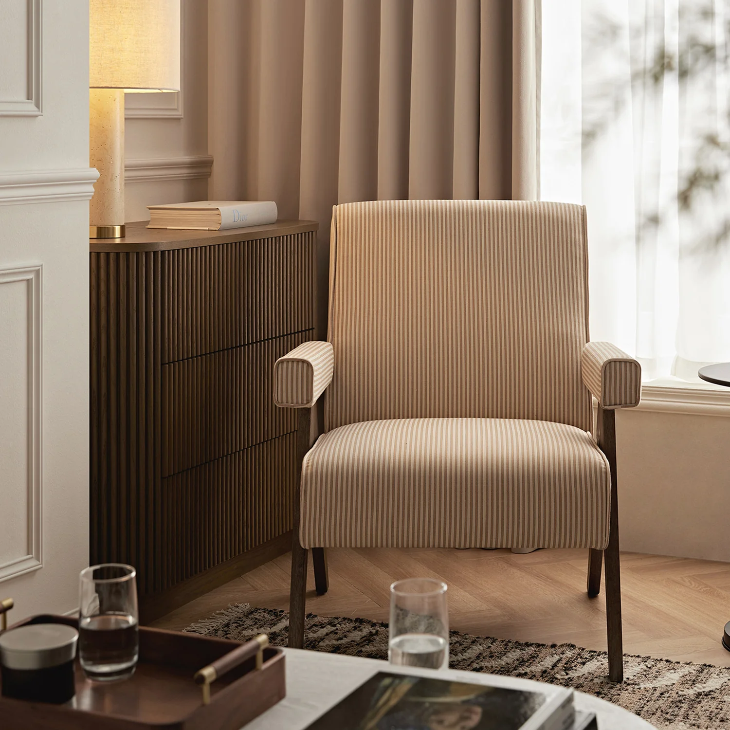 Chinnor Ochre Striped Linen Blend Weathered Oak Frame Accent Chair - Image 3