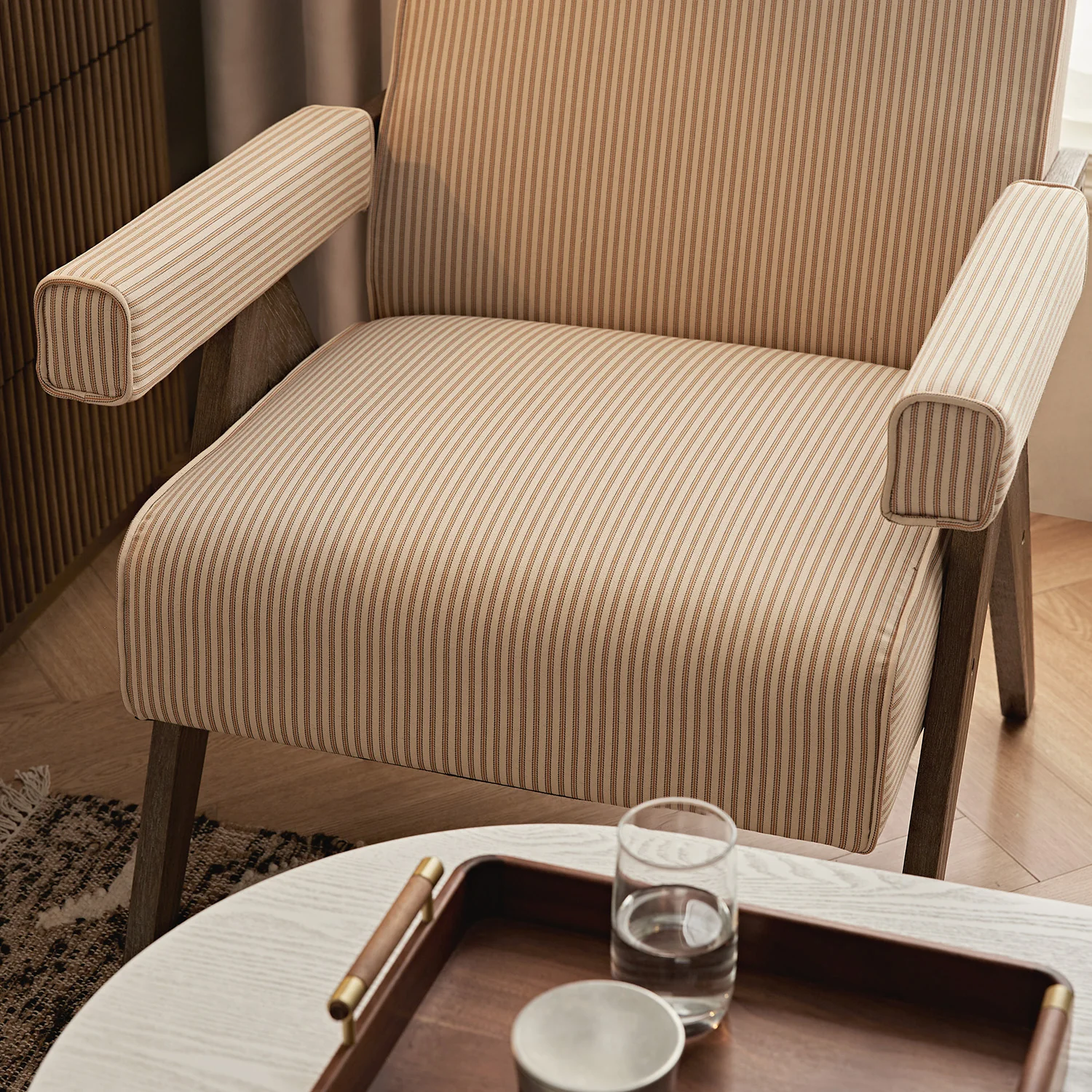 Chinnor Ochre Striped Linen Blend Weathered Oak Frame Accent Chair - Image 4