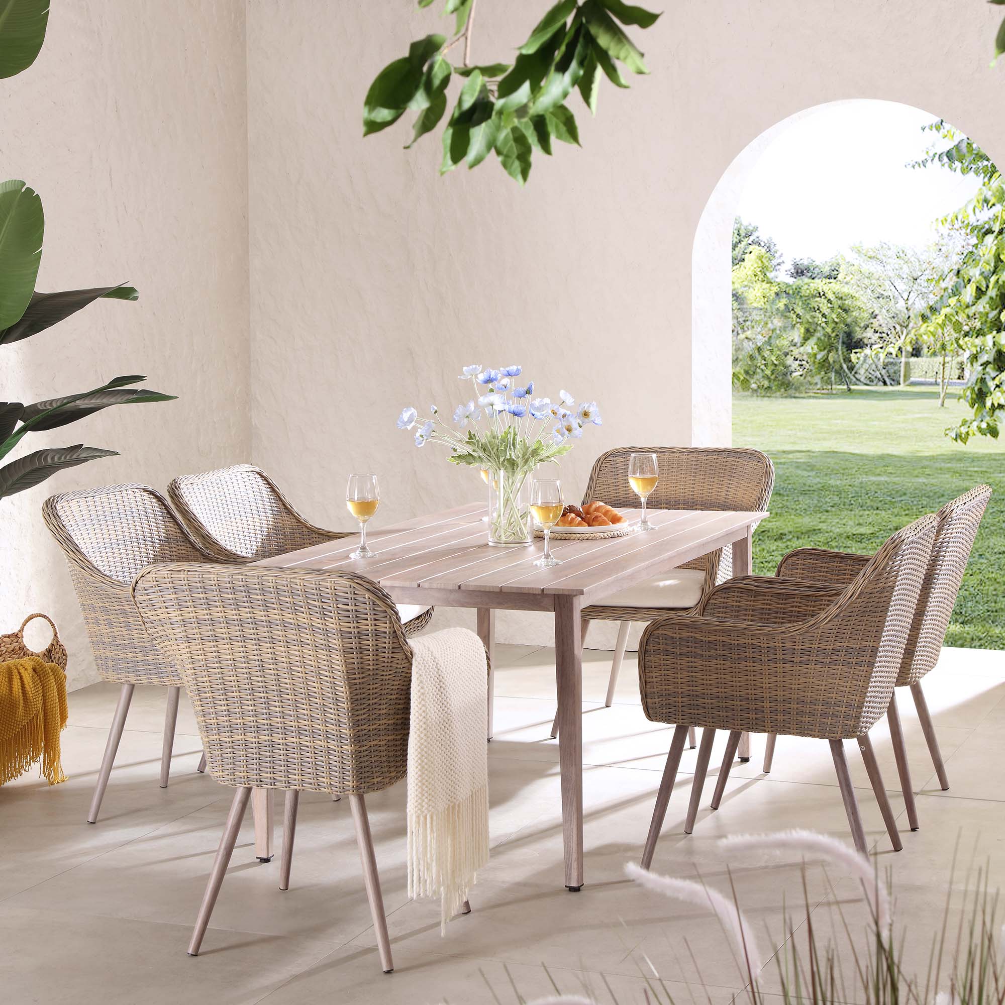 Cliveden Outdoor Aluminium Washed Wood Effect and Round Wicker Rattan 6-Seater Dining Set - Image 3