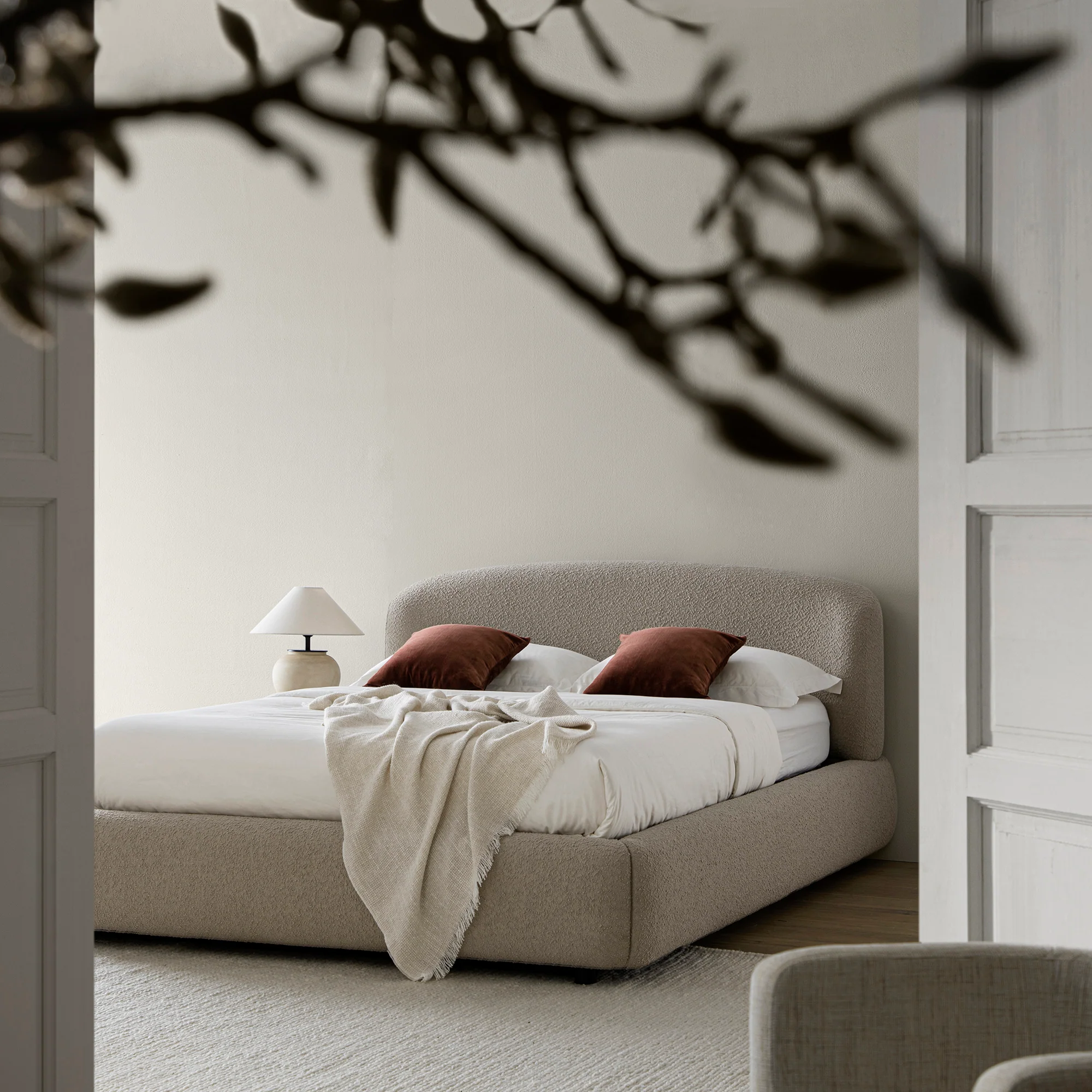 Constance Winged Headboard Ottoman Storage Bed, Light Taupe Boucle