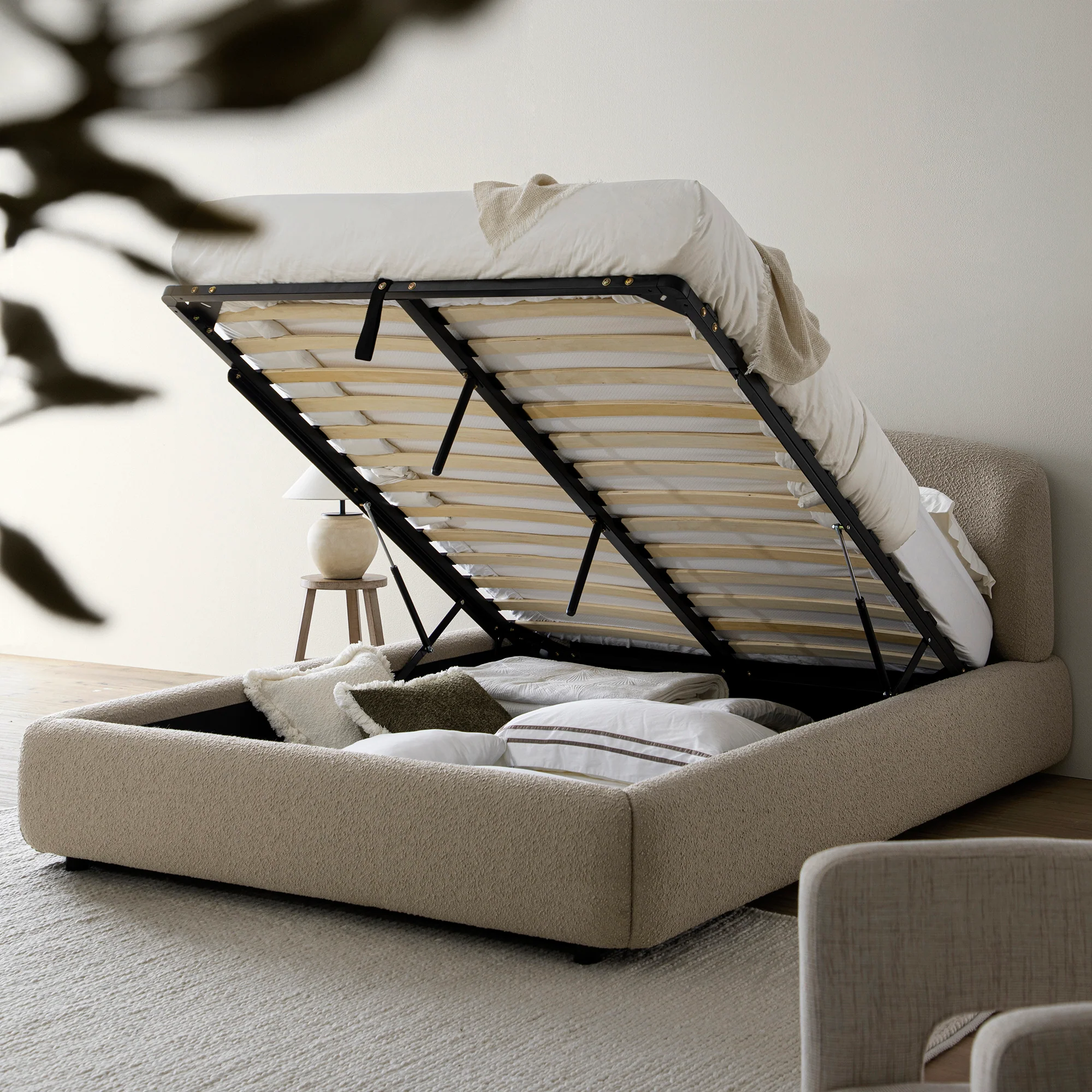 Constance Winged Headboard Ottoman Storage Bed, Light Taupe Boucle - Image 3