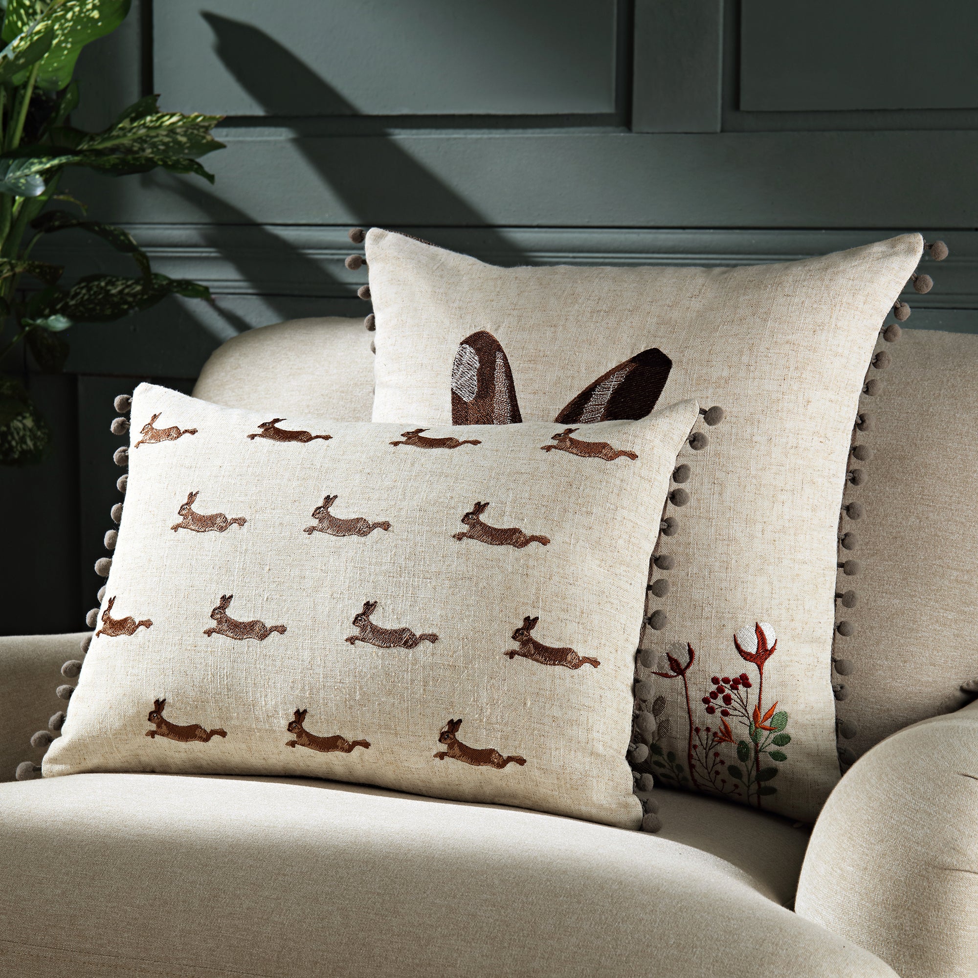 Country Collection Leaping Hare Repeat Embroidered Linen Blend Cushion - Image 2