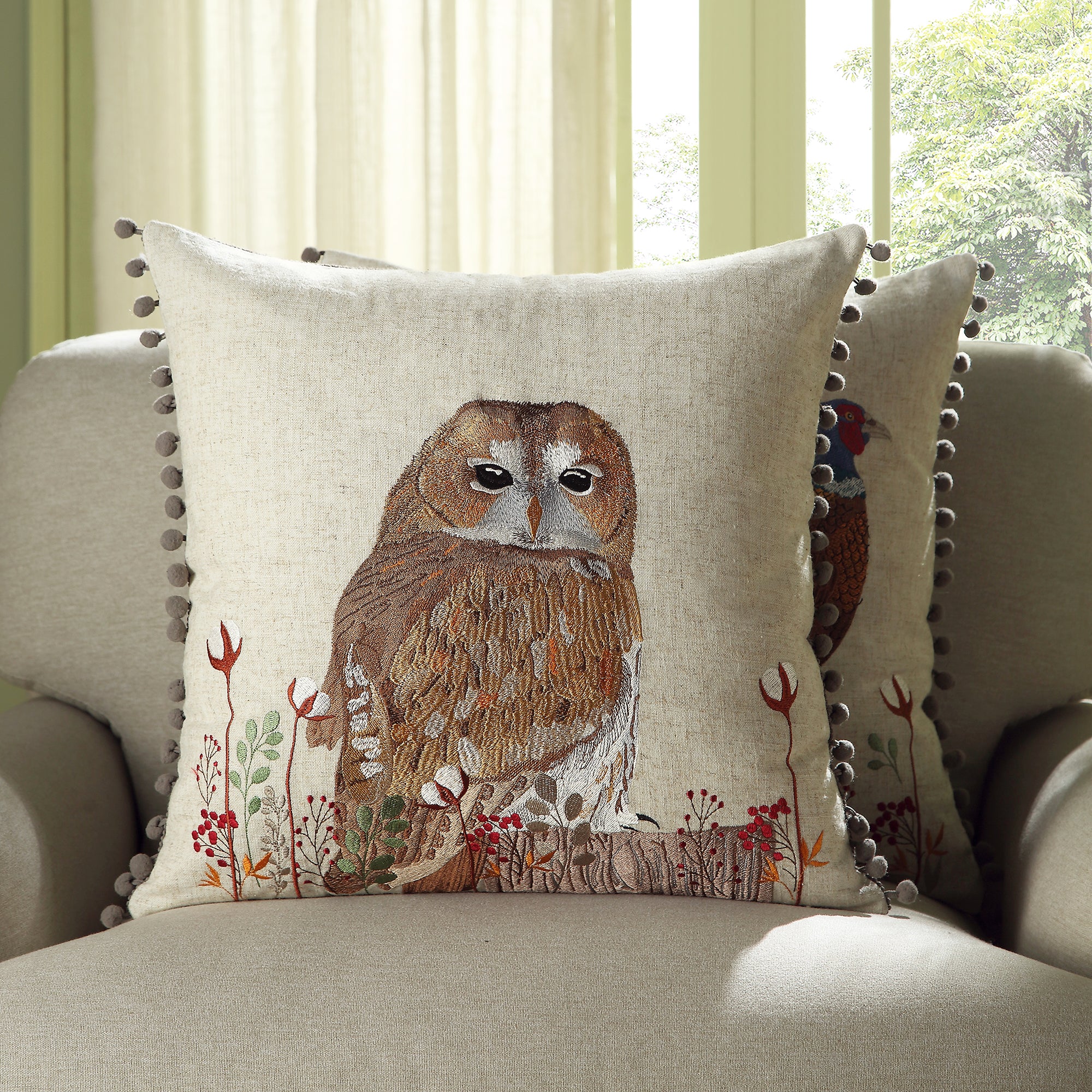 Country Collection Owl Embroidered Linen Blend Cushion - Image 2