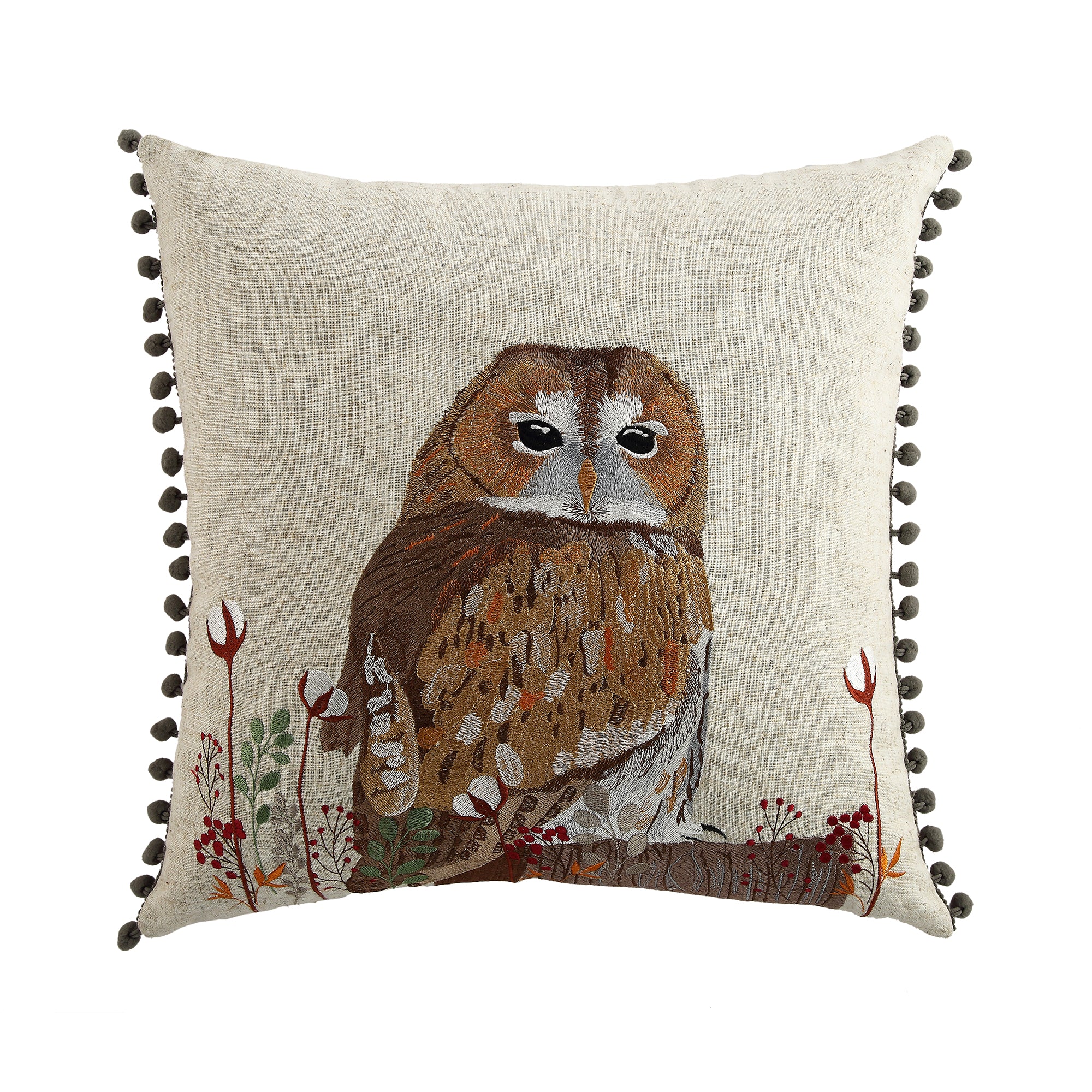 Country Collection Owl Embroidered Linen Blend Cushion - Image 3