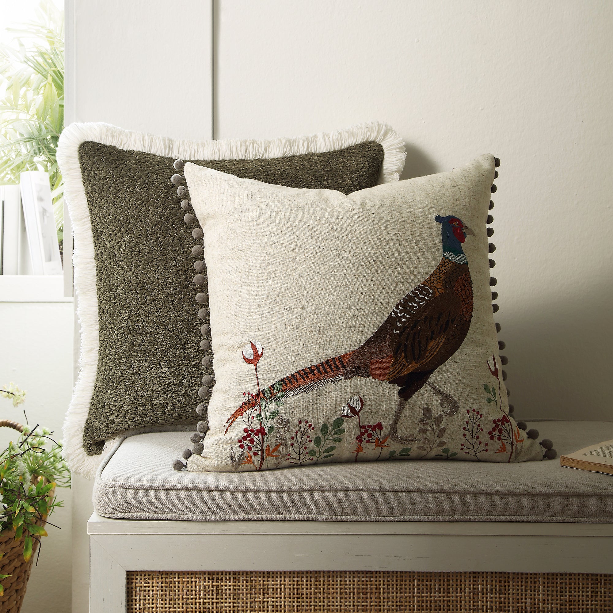Country Collection Pheasant Embroidered Linen Blend Cushion - Image 2