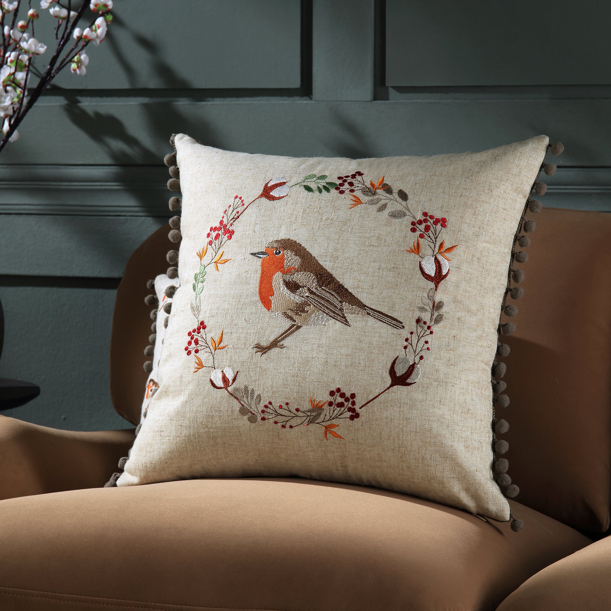 Country Collection Robin Embroidered Linen Blend Cushion - Image 2