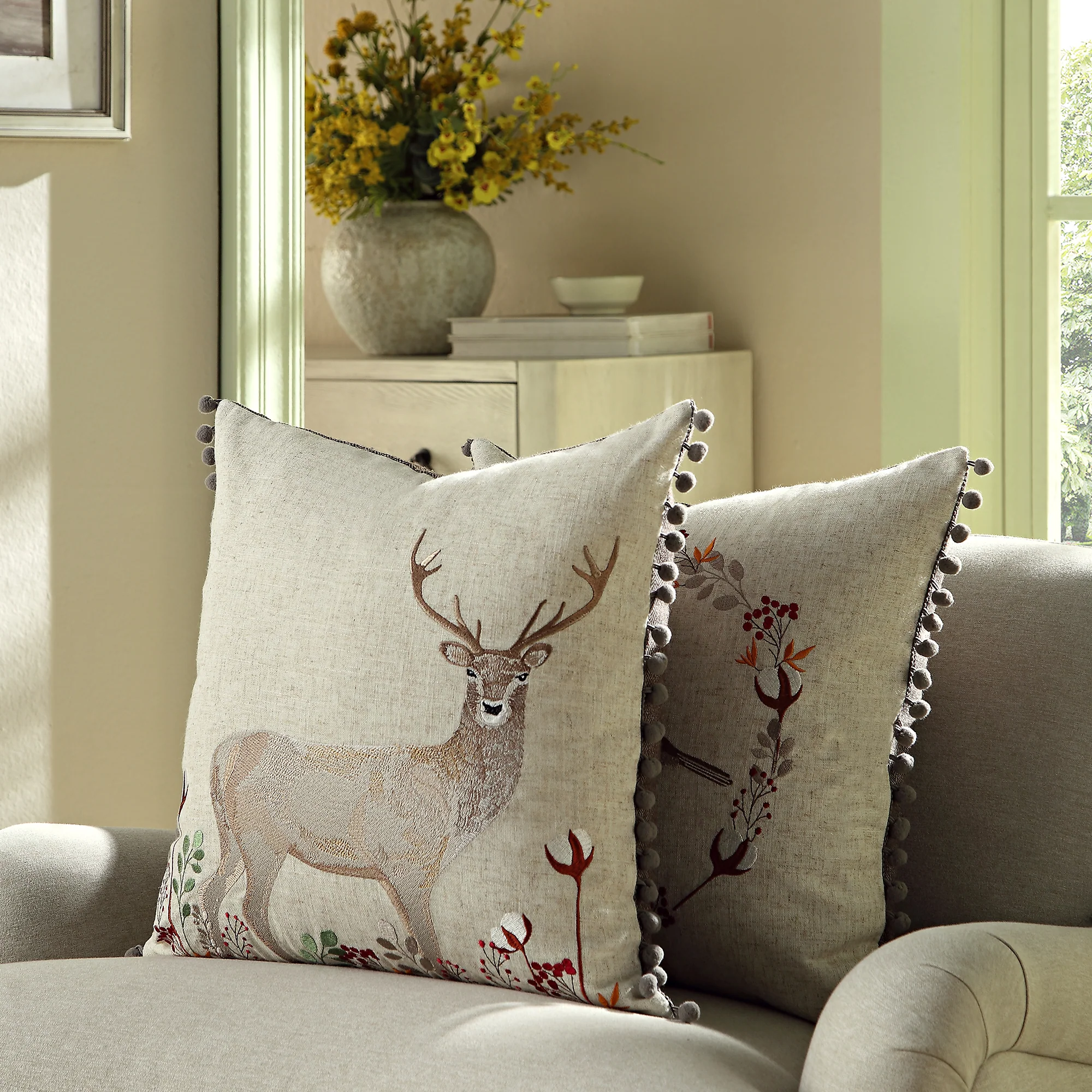 Country Collection Stag Embroidered Linen Blend Cushion - Image 2
