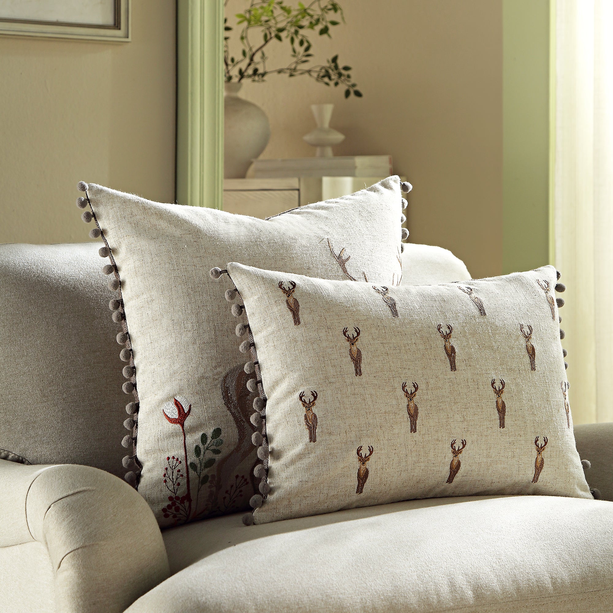 Country Collection Stag Repeat Embroidered Linen Blend Cushion - Image 2