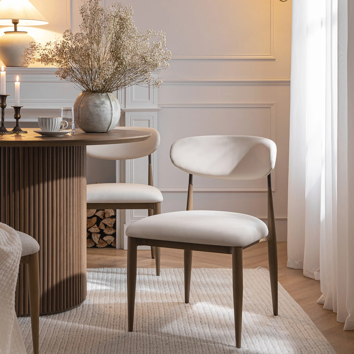Dagmar Set of 2 Dining Chairs, Beige Faux Leather | Silver Oak Frame - Image 2