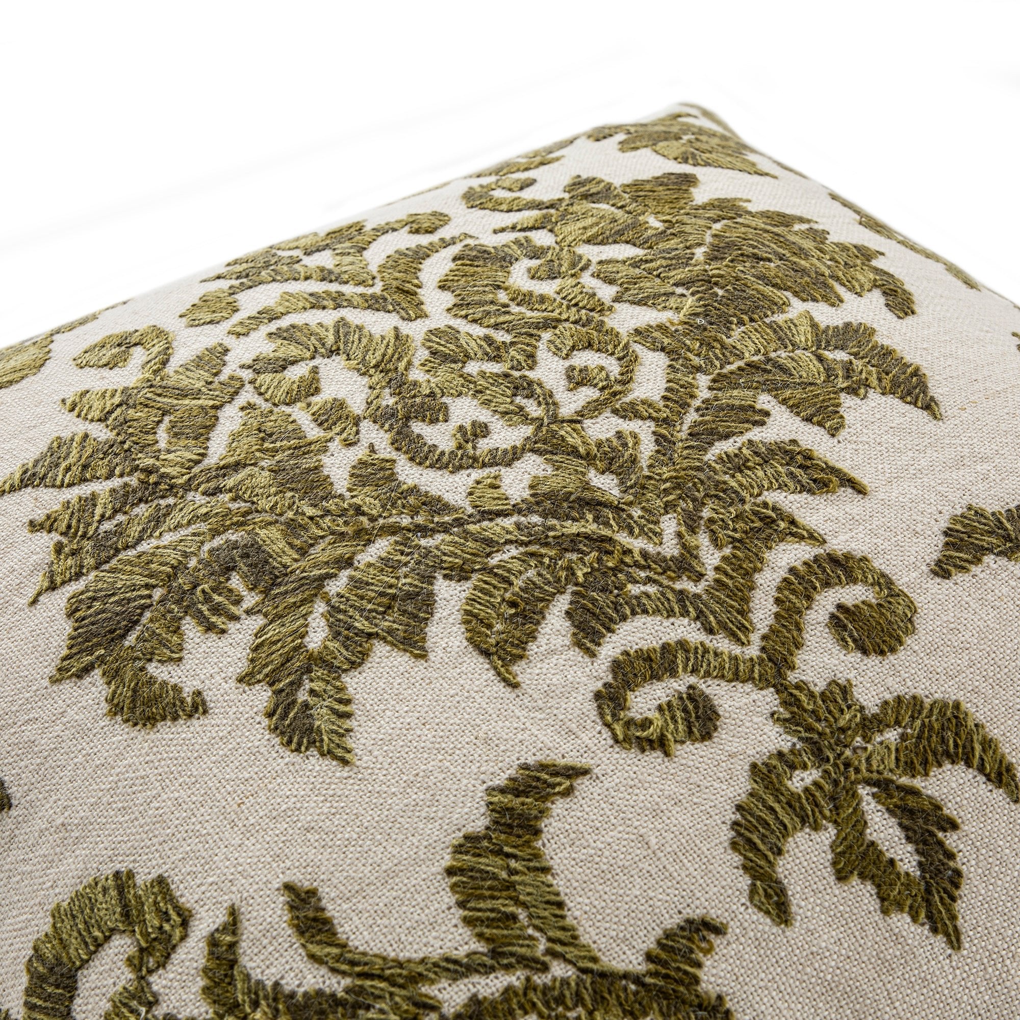 Damask Moss Green Wool Embroidered Cushion - Image 3