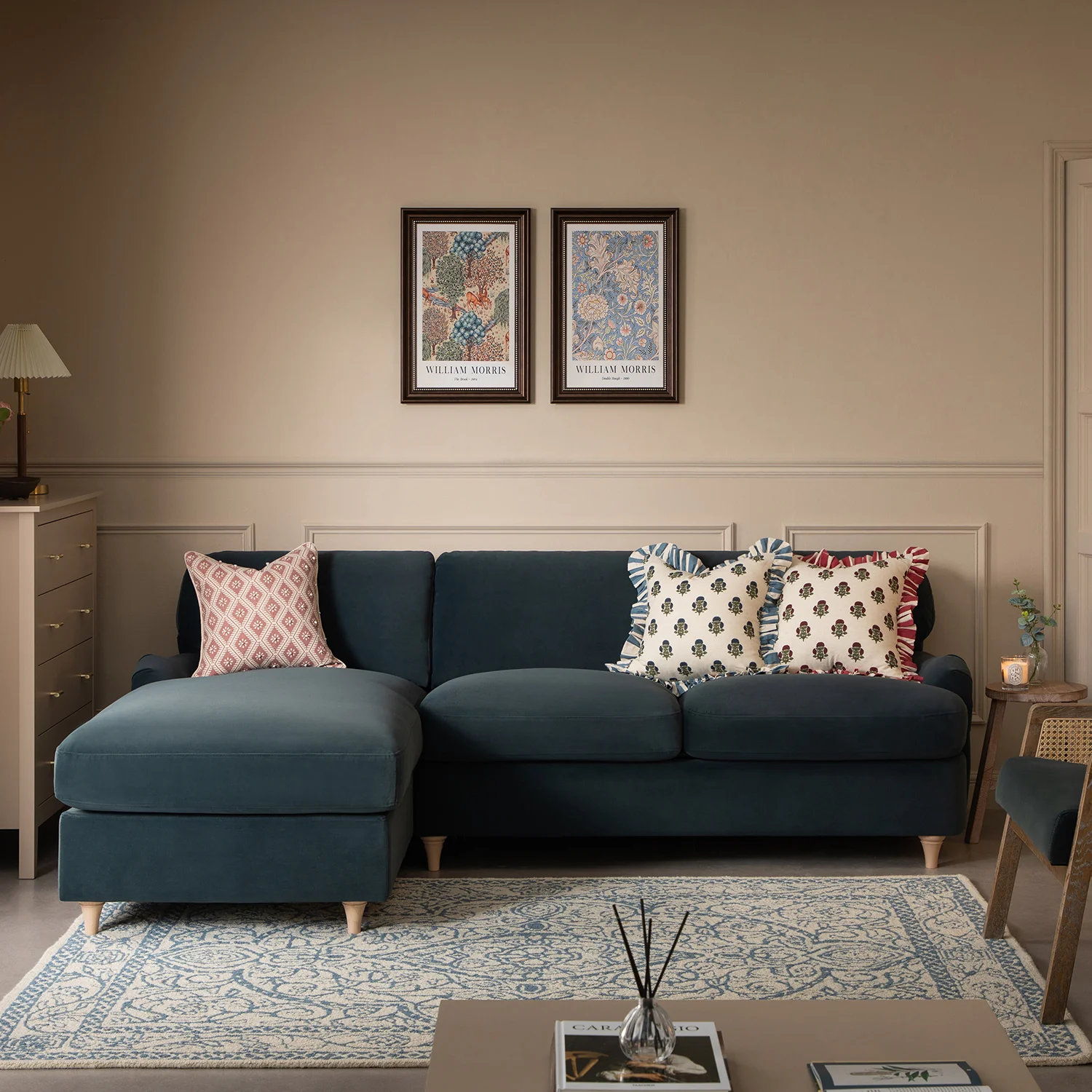 Daphnis Aegean Blue Velvet Sofa Bed, Grande Chaise Left Hand Facing - Image 4