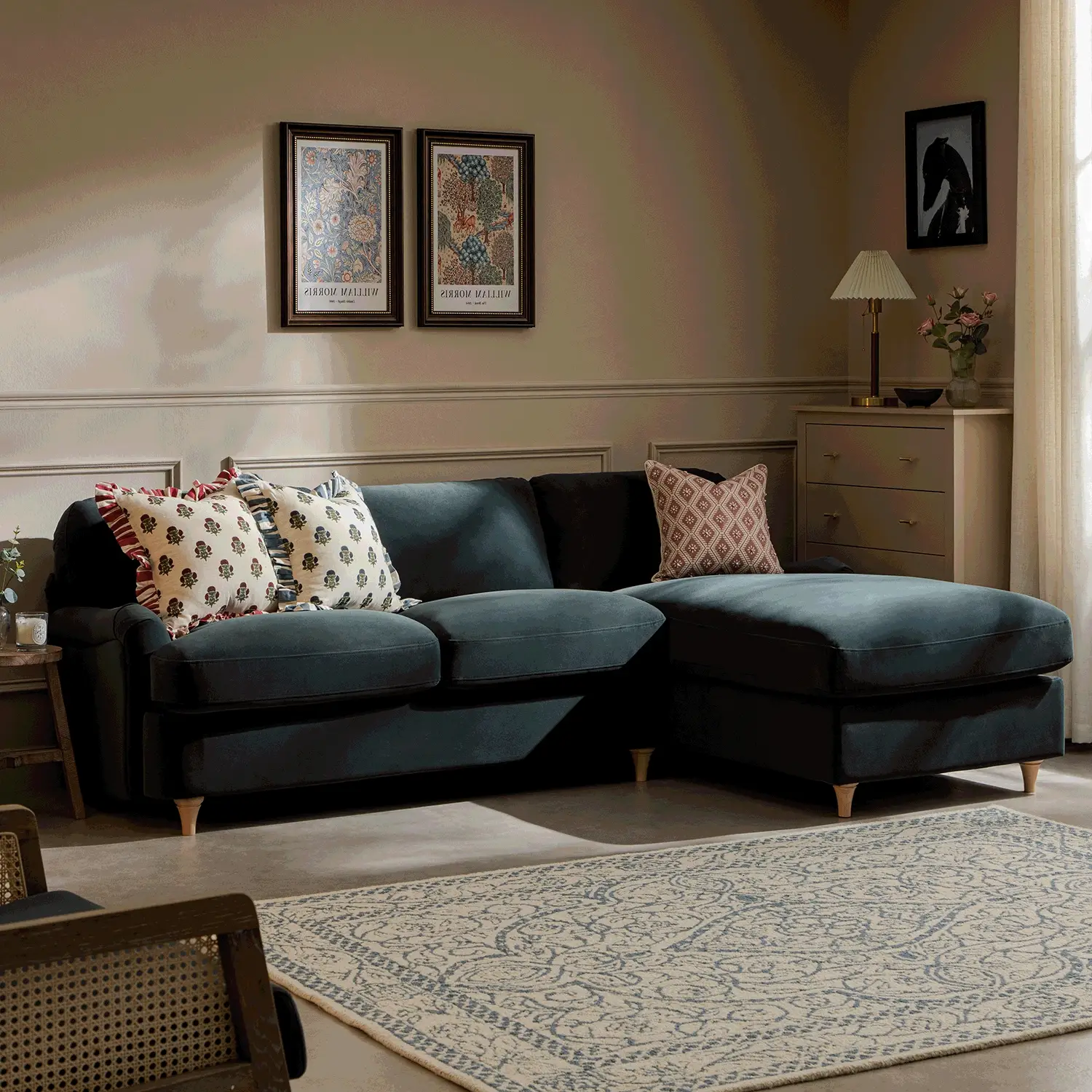 Daphnis Aegean Blue Velvet Sofa Bed, Grande Chaise Right Hand Facing - Image 2
