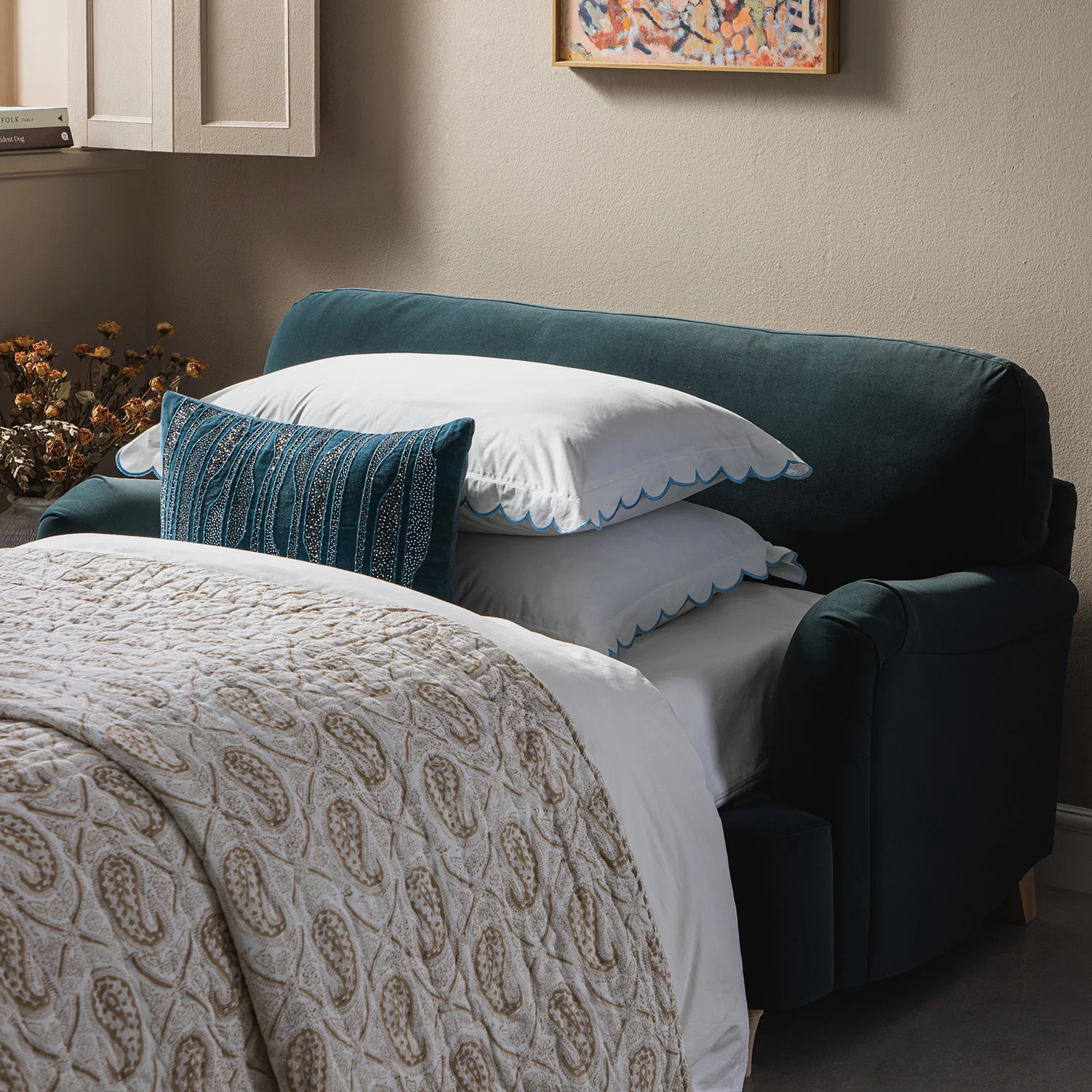 Daphnis Aegean Blue Velvet Sofa Bed, Loveseat - Image 9