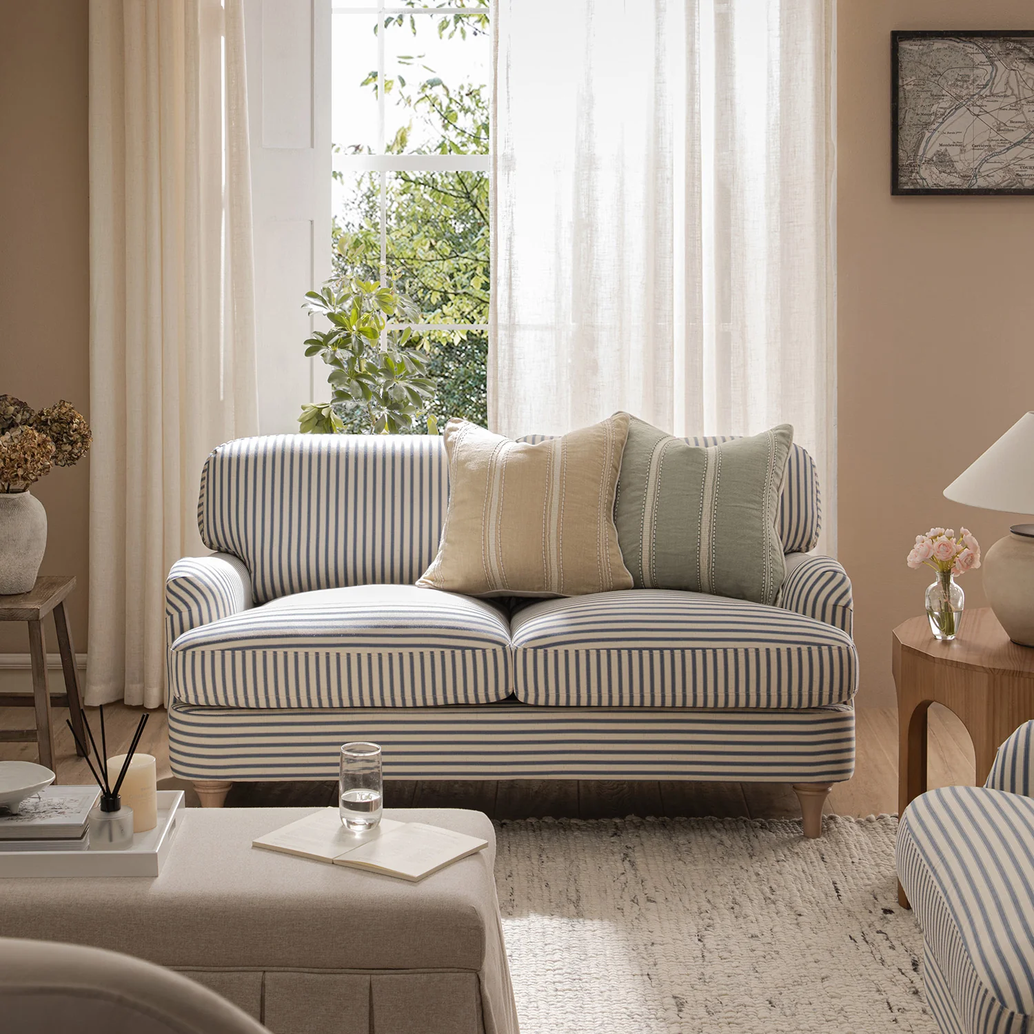 Daphnis Blue Striped Linen Blend Sofa, 2-Seater - Image 2