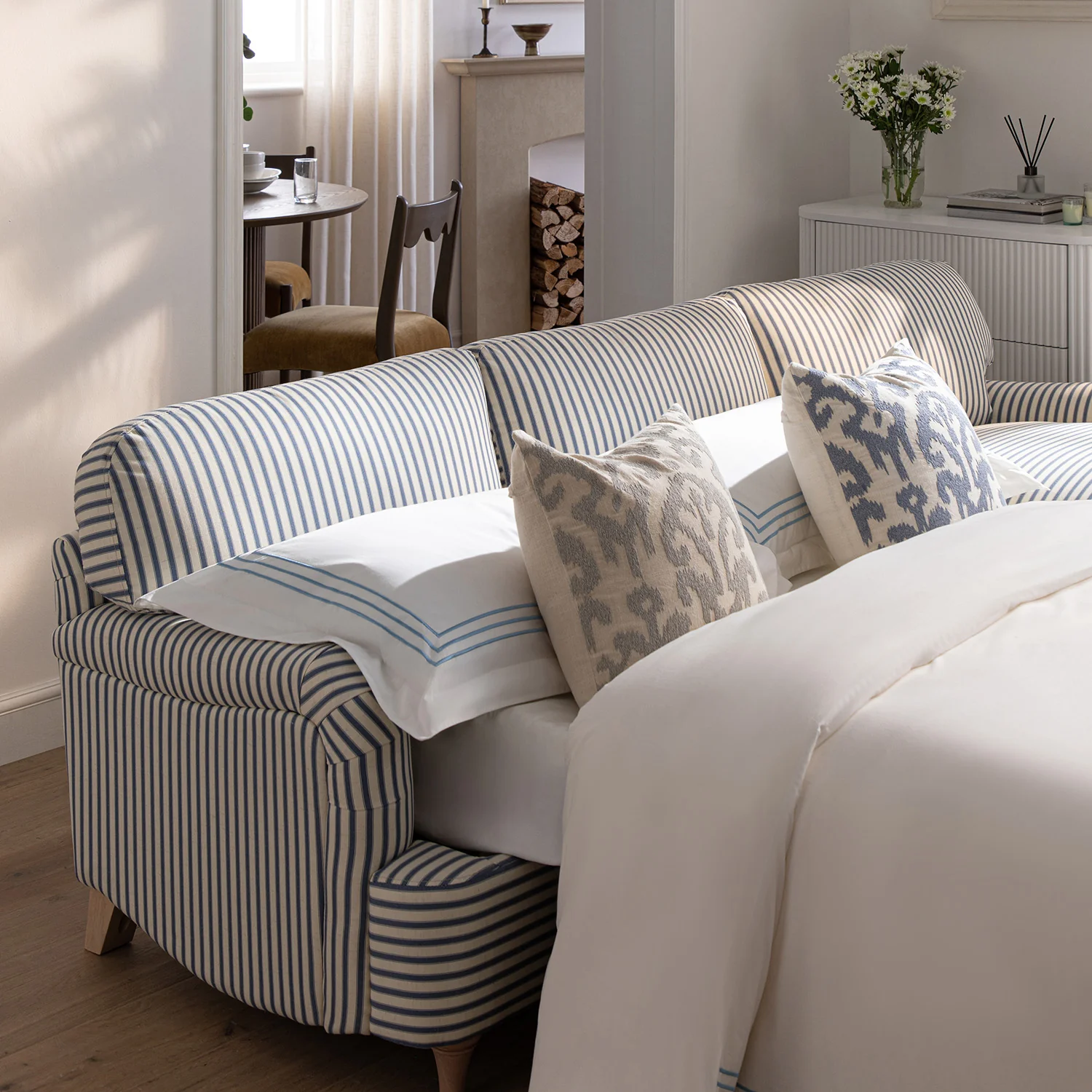 Daphnis Blue Striped Linen Blend Sofa Bed, Grande Chaise Right Hand Facing - Image 6