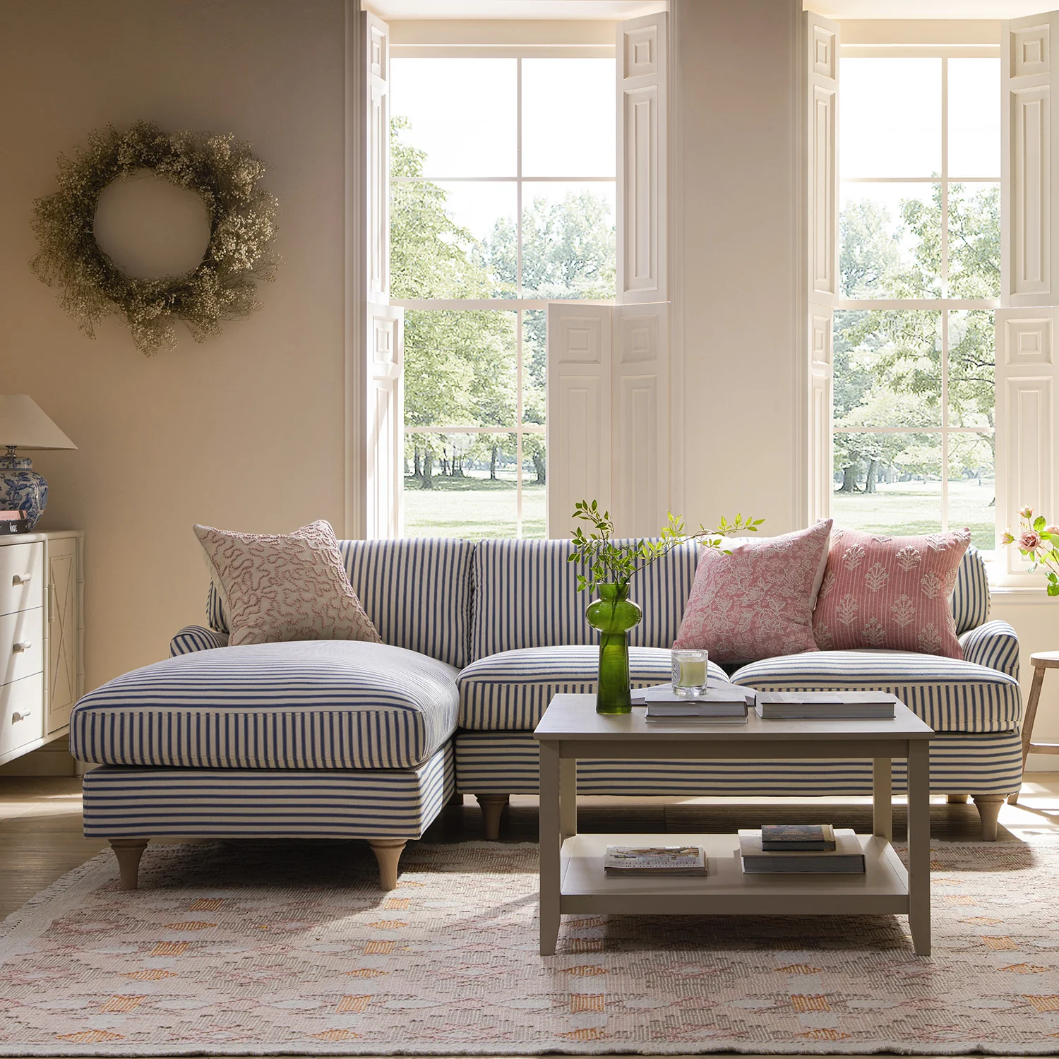 Daphnis Blue Striped Linen Blend Sofa, Grande Chaise Sofa Left Hand Facing - Image 2