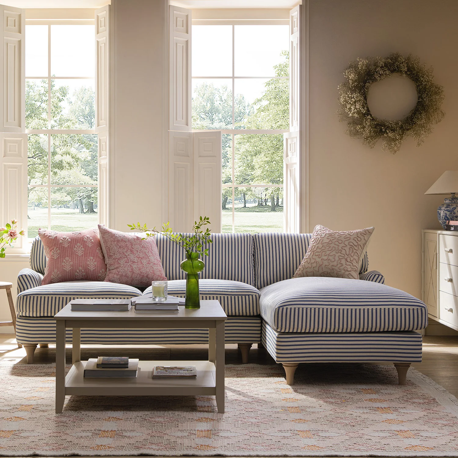 Daphnis Blue Striped Linen Blend Sofa, Grande Chaise Sofa Right Hand Facing - Image 2