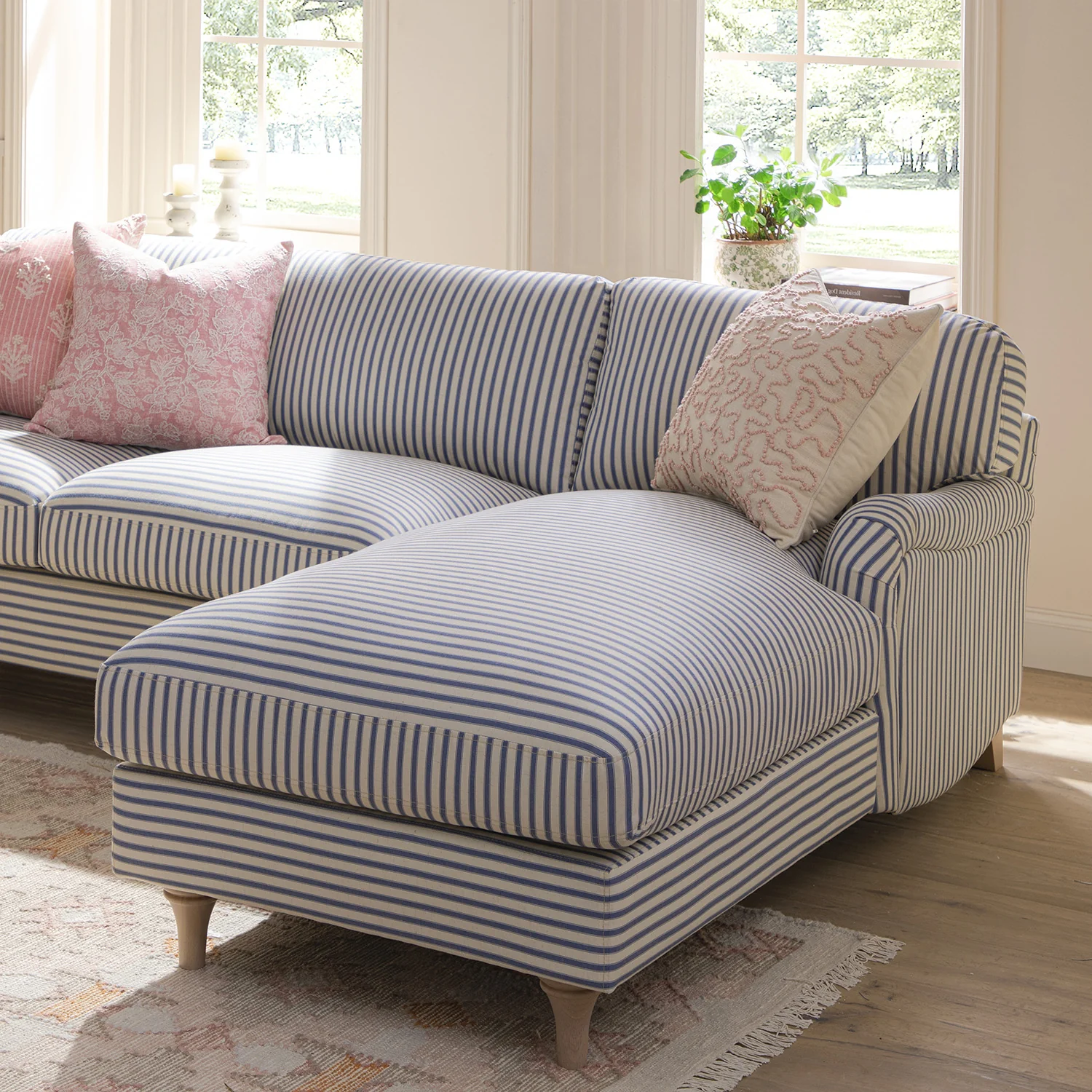 Daphnis Blue Striped Linen Blend Sofa, Grande Chaise Sofa Right Hand Facing - Image 3