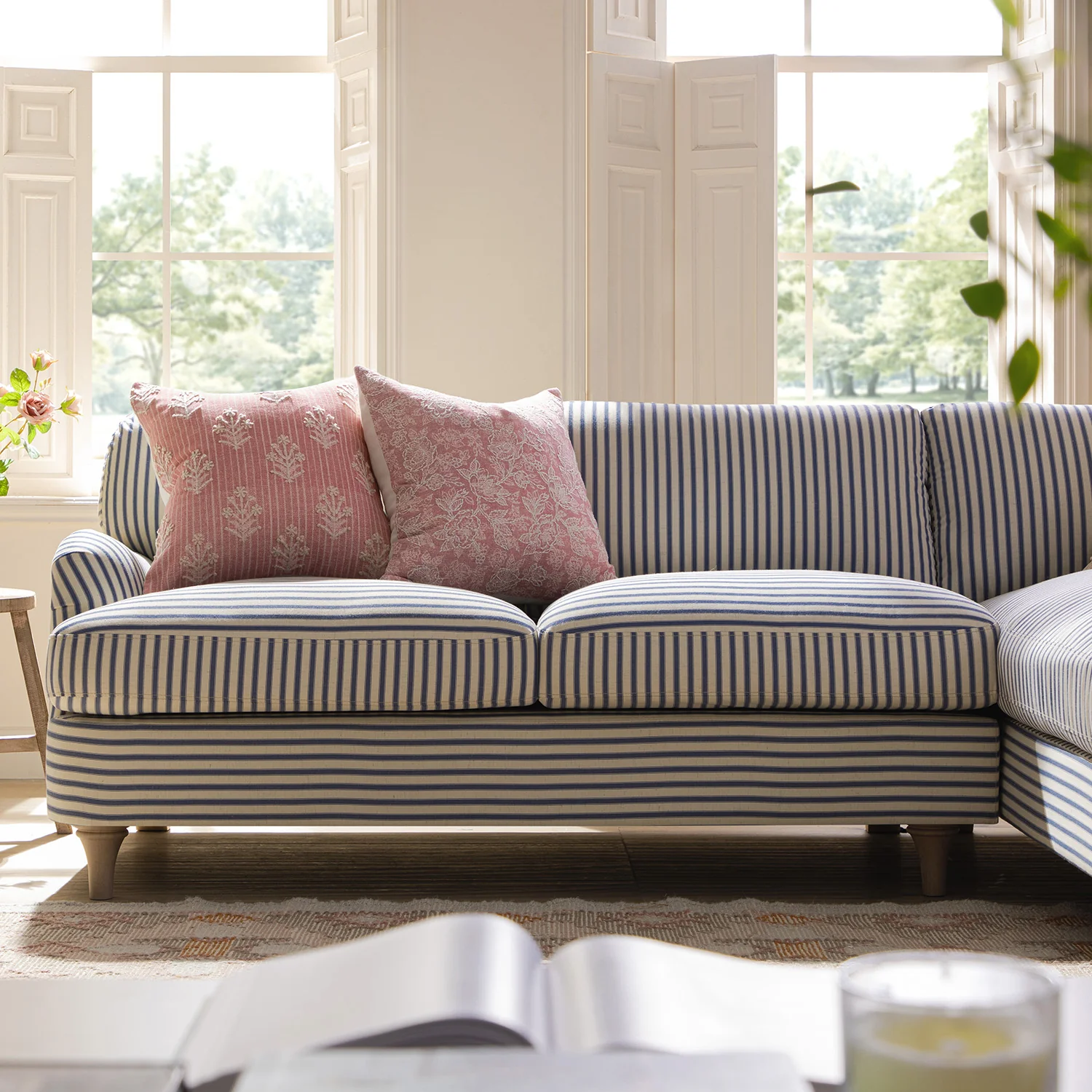 Daphnis Blue Striped Linen Blend Sofa, Grande Chaise Sofa Right Hand Facing - Image 4