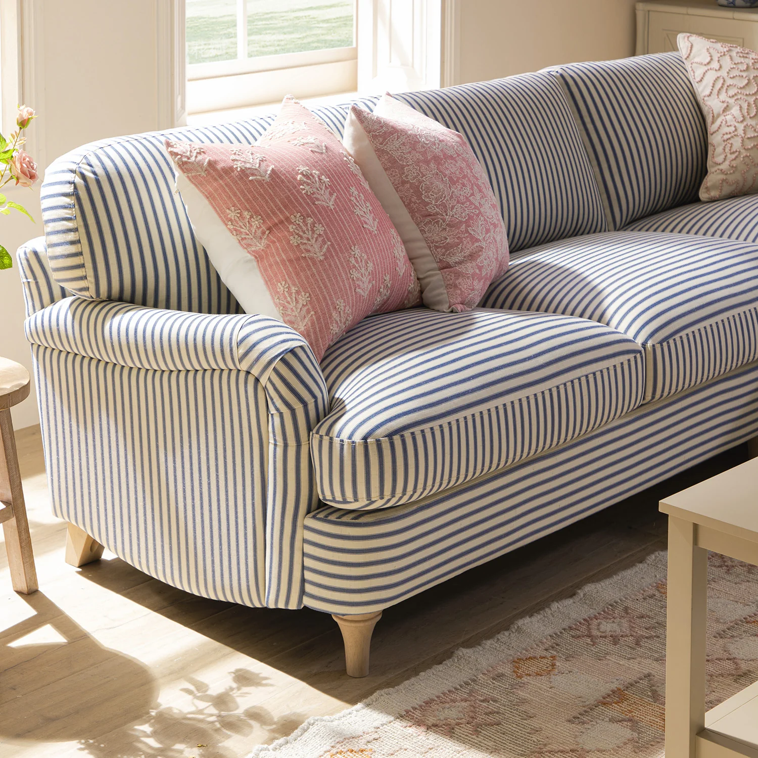 Daphnis Blue Striped Linen Blend Sofa, Grande Chaise Sofa Right Hand Facing - Image 5