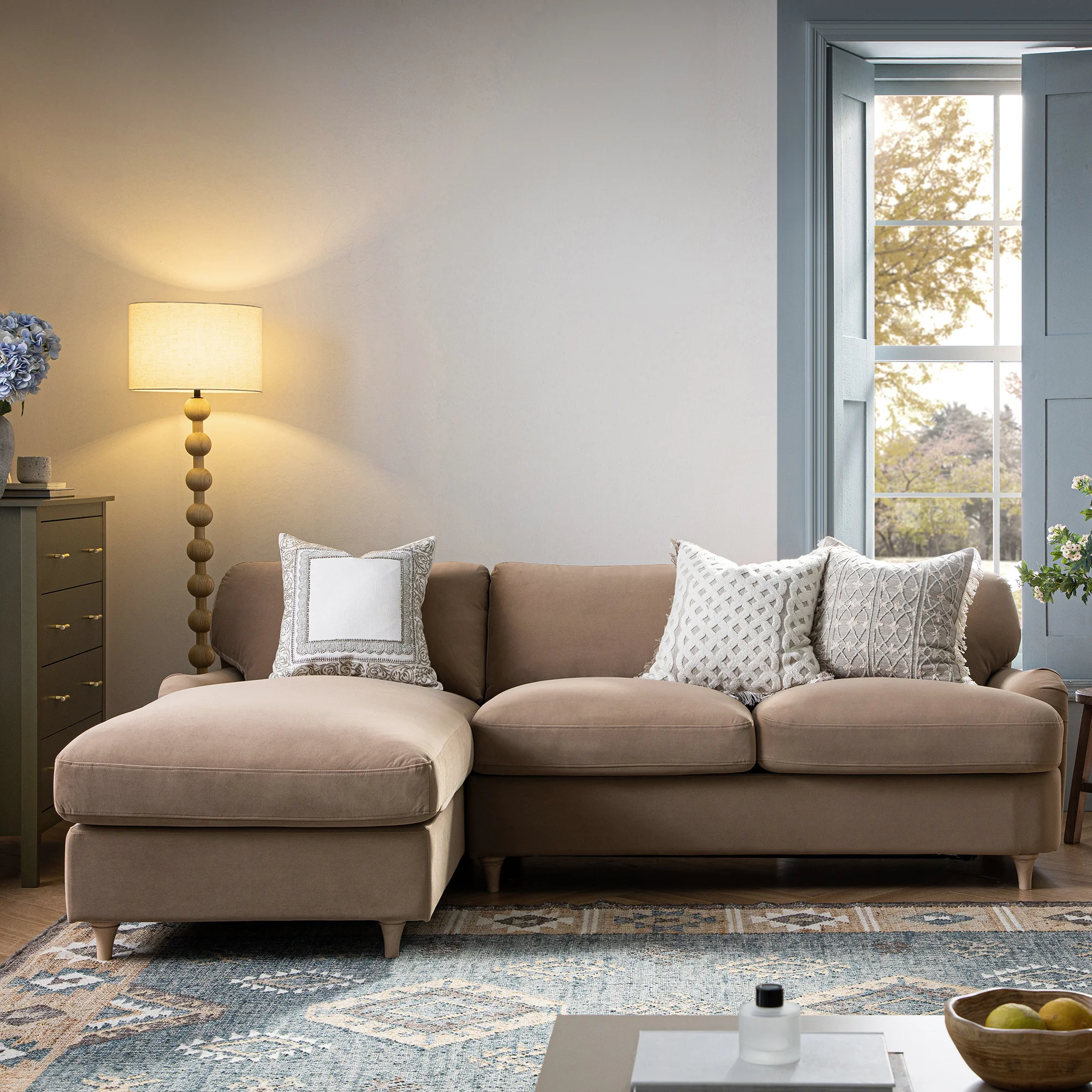 Daphnis Camel Velvet Sofa Bed, Grande Chaise Left Hand Facing - Image 3