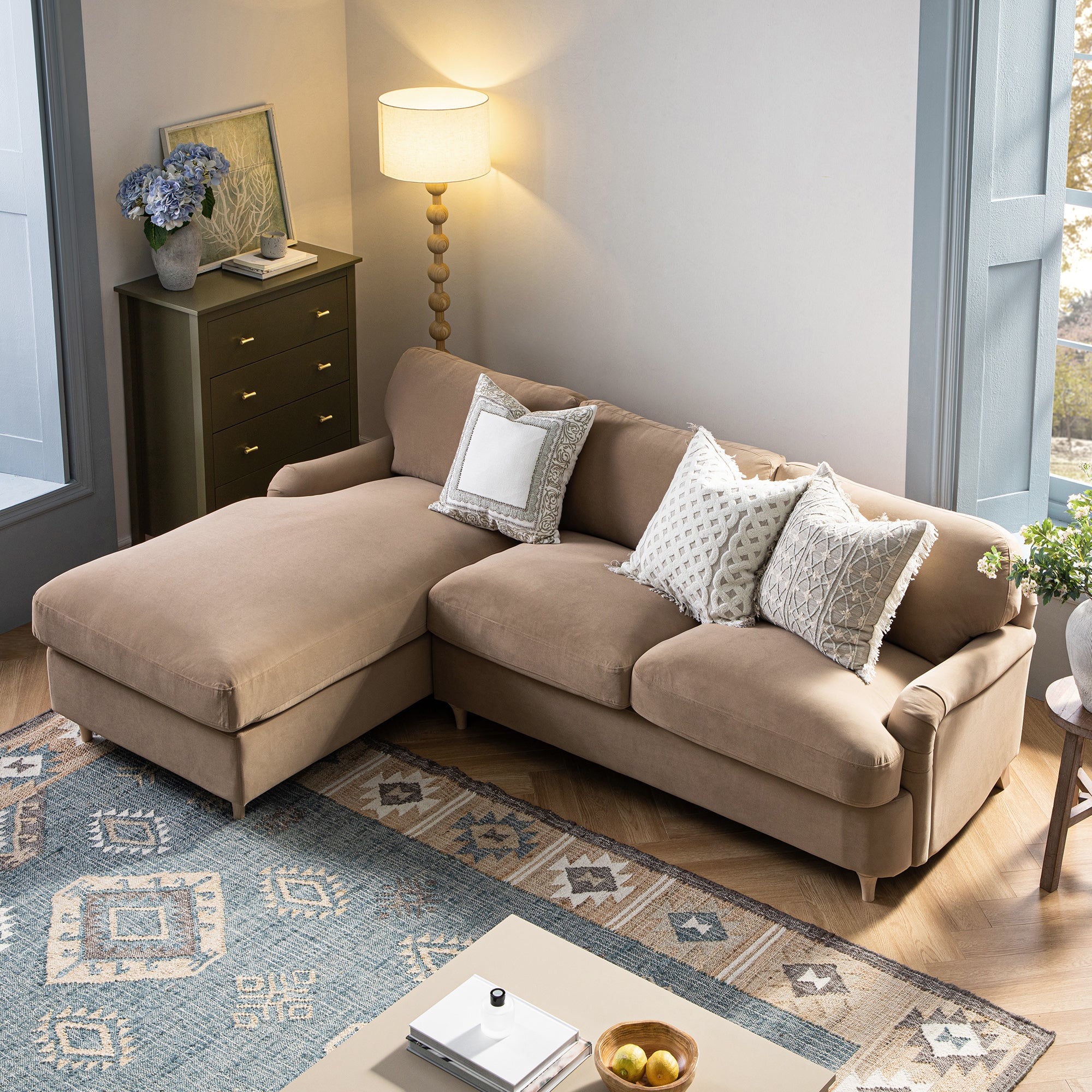 Daphnis Camel Velvet Sofa Bed, Grande Chaise Left Hand Facing - Image 4