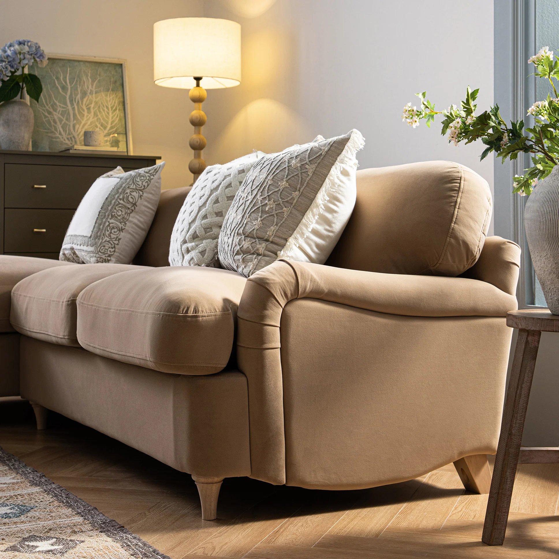 Daphnis Camel Velvet Sofa Bed, Grande Chaise Left Hand Facing - Image 6