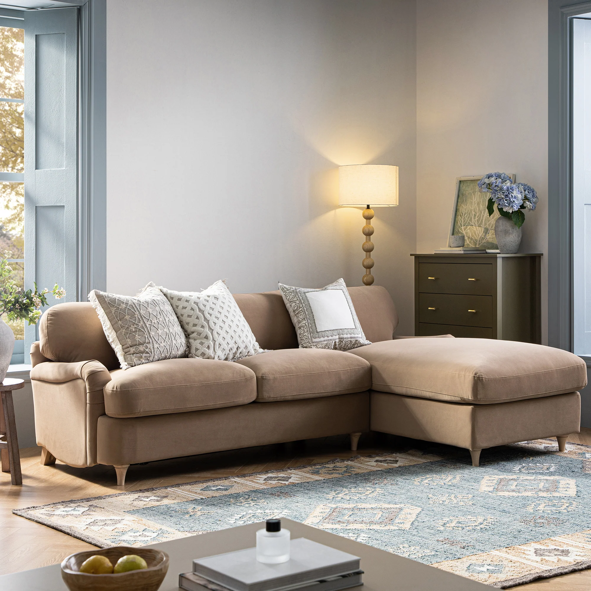 Daphnis Camel Velvet Sofa Bed, Grande Chaise Right Hand Facing - Image 3