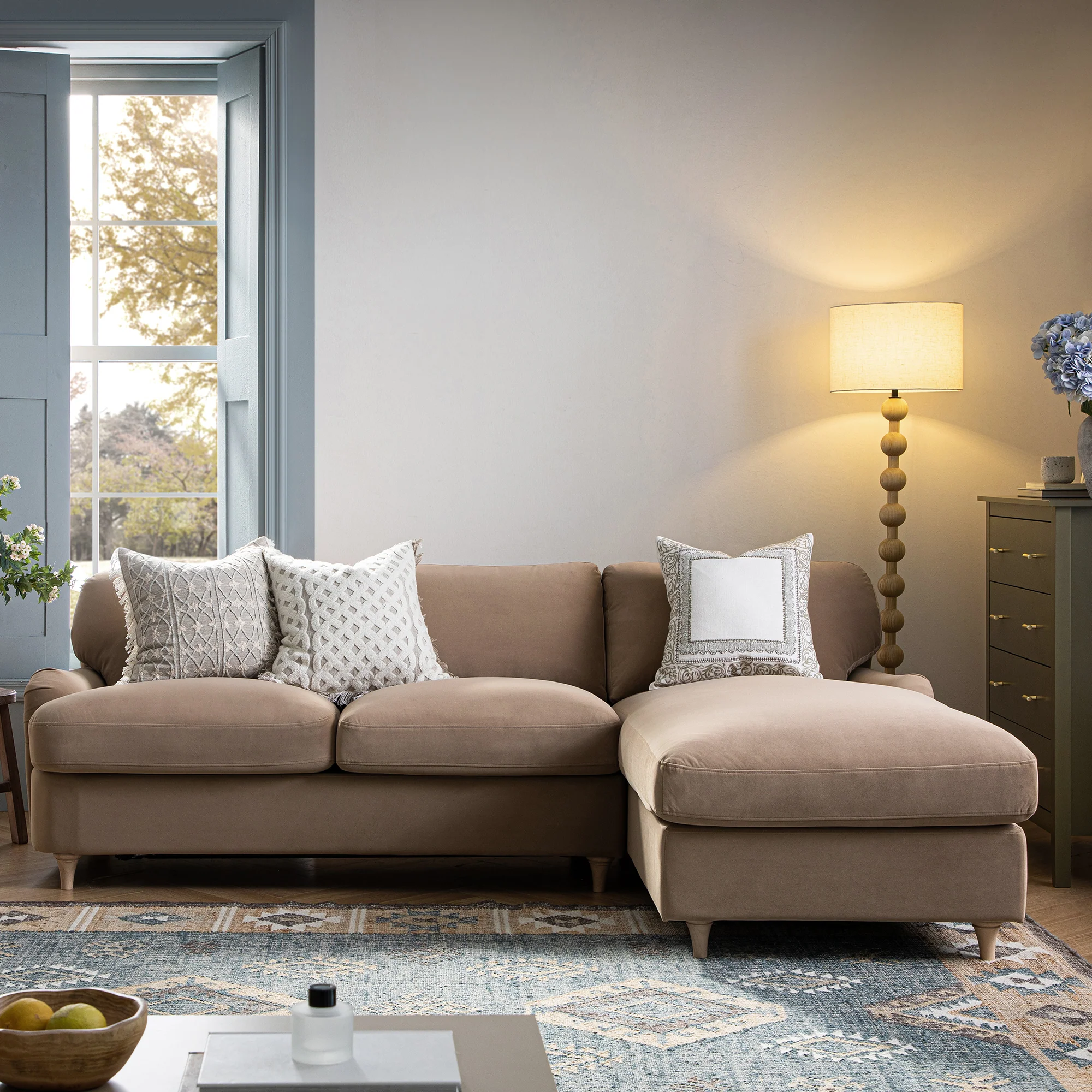 Daphnis Camel Velvet Sofa Bed, Grande Chaise Right Hand Facing - Image 4