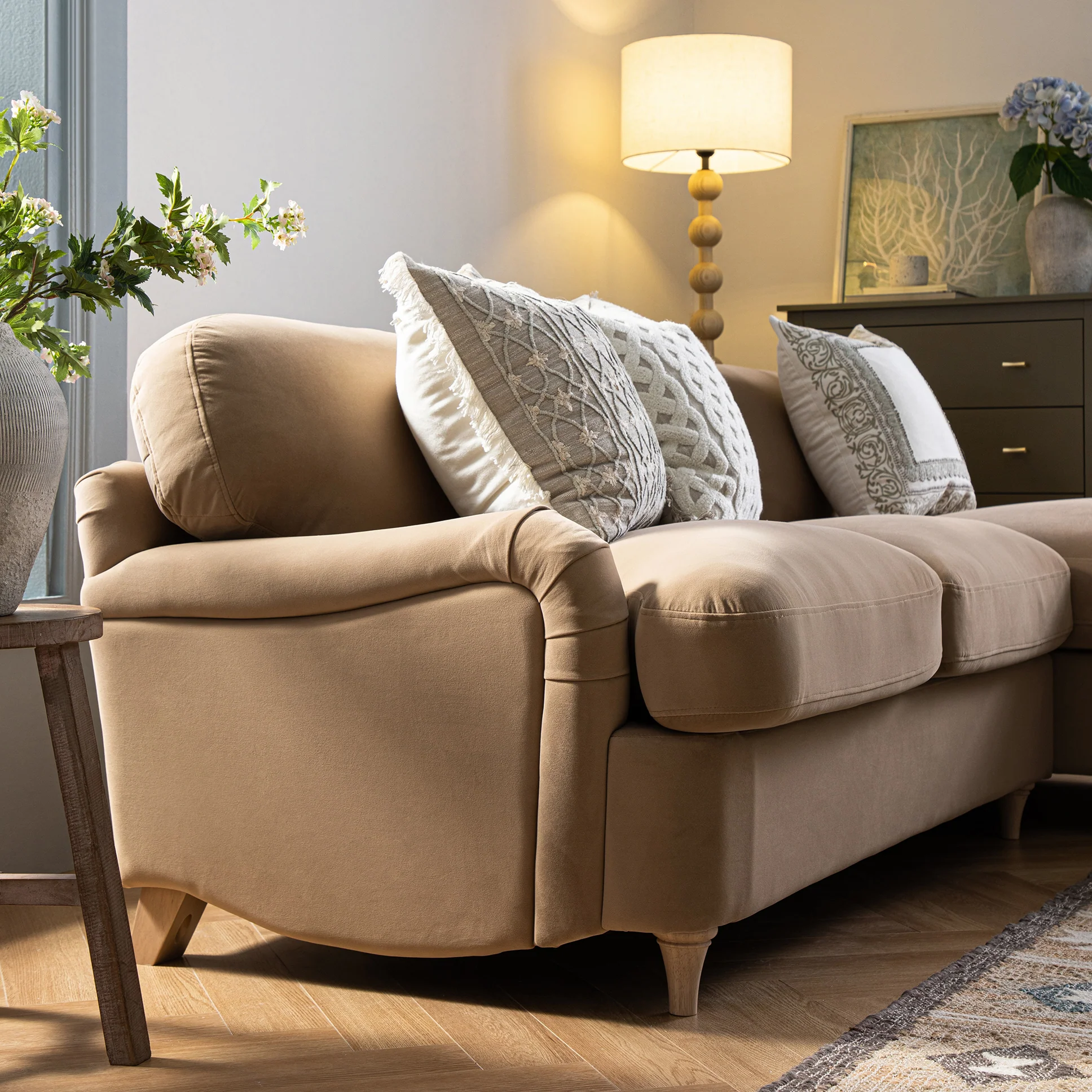 Daphnis Camel Velvet Sofa Bed, Grande Chaise Right Hand Facing - Image 6