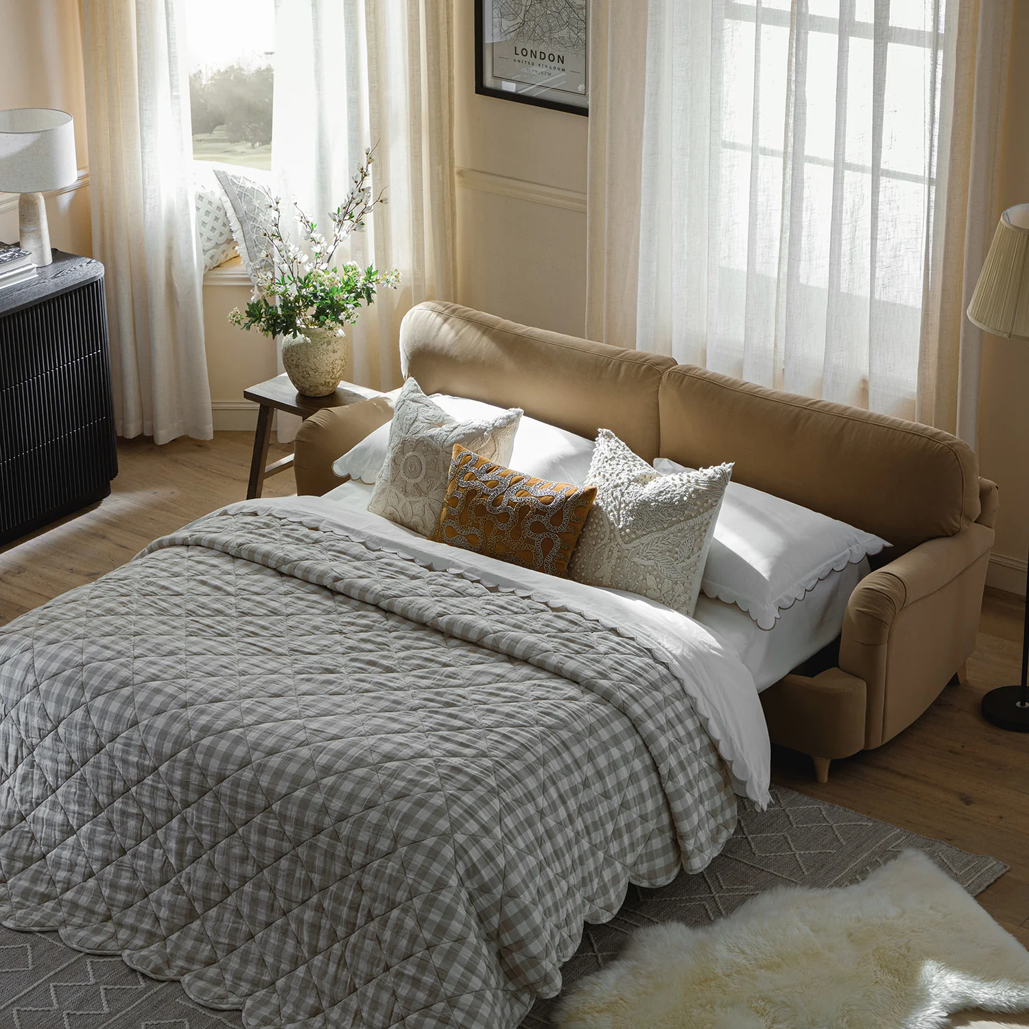 Daphnis Camel Velvet Sofa Bed, Large 3-Seater - Image 5
