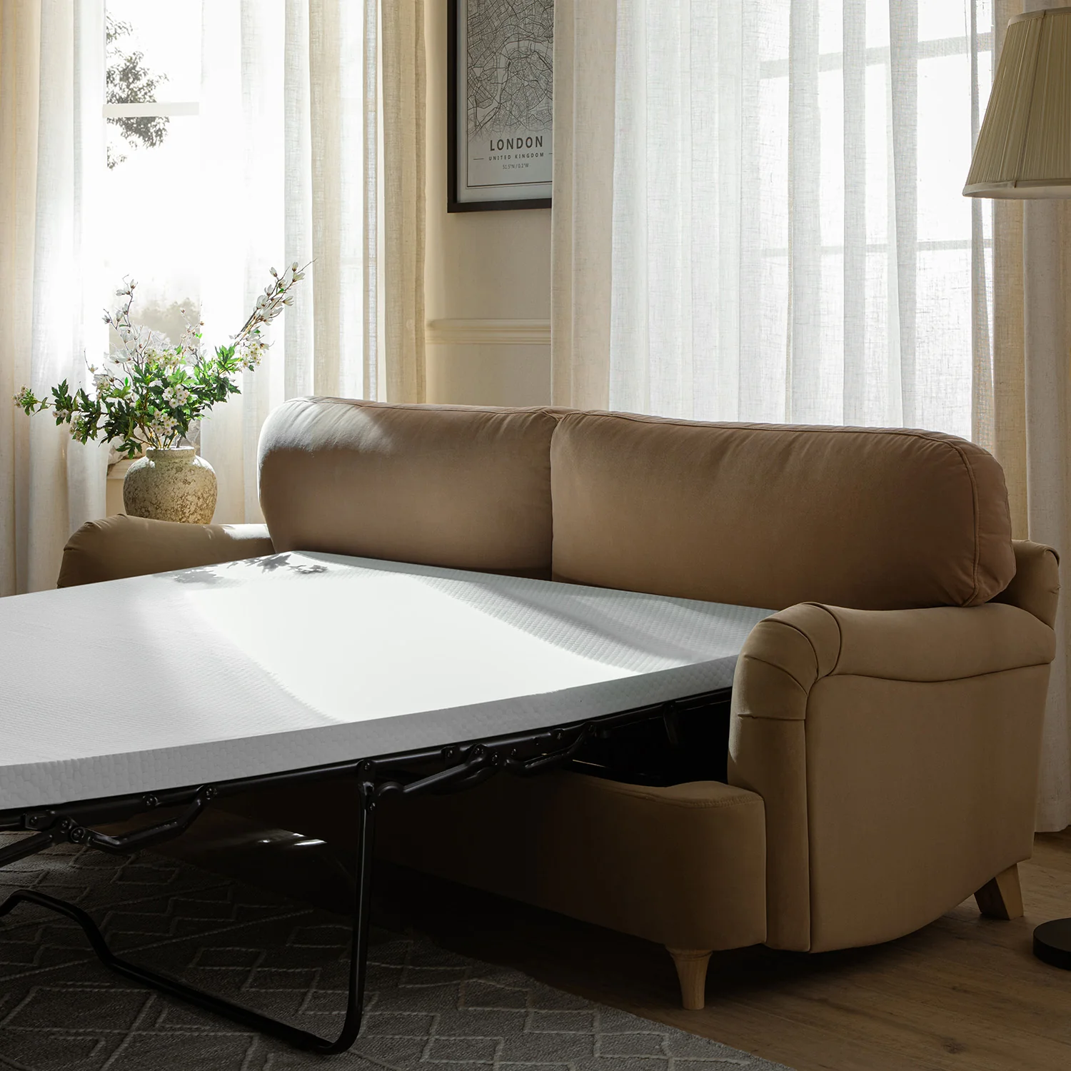 Daphnis Camel Velvet Sofa Bed, Large 3-Seater - Image 9