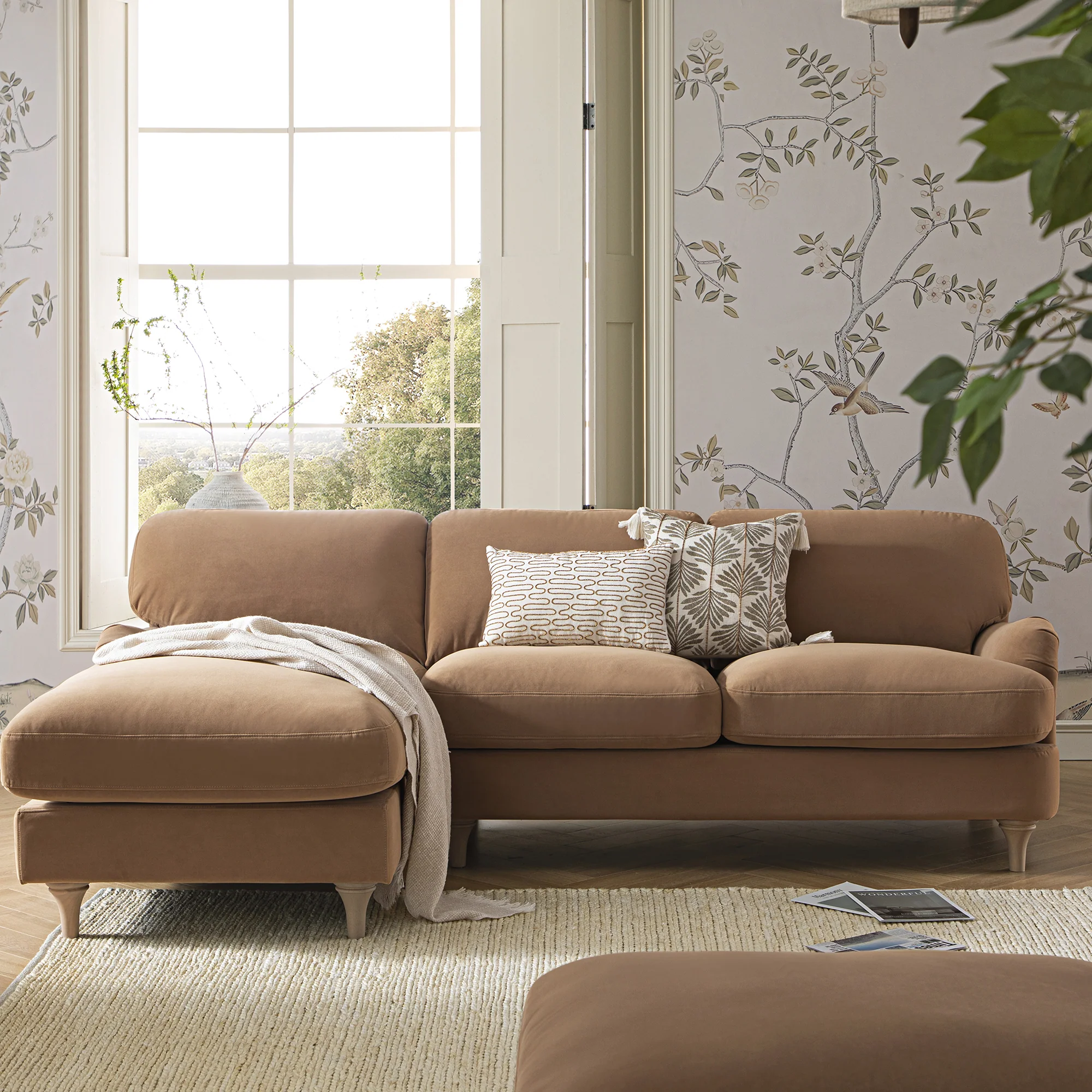 Daphnis Camel Velvet Sofa, Grande Chaise Sofa Left Hand Facing - Image 2