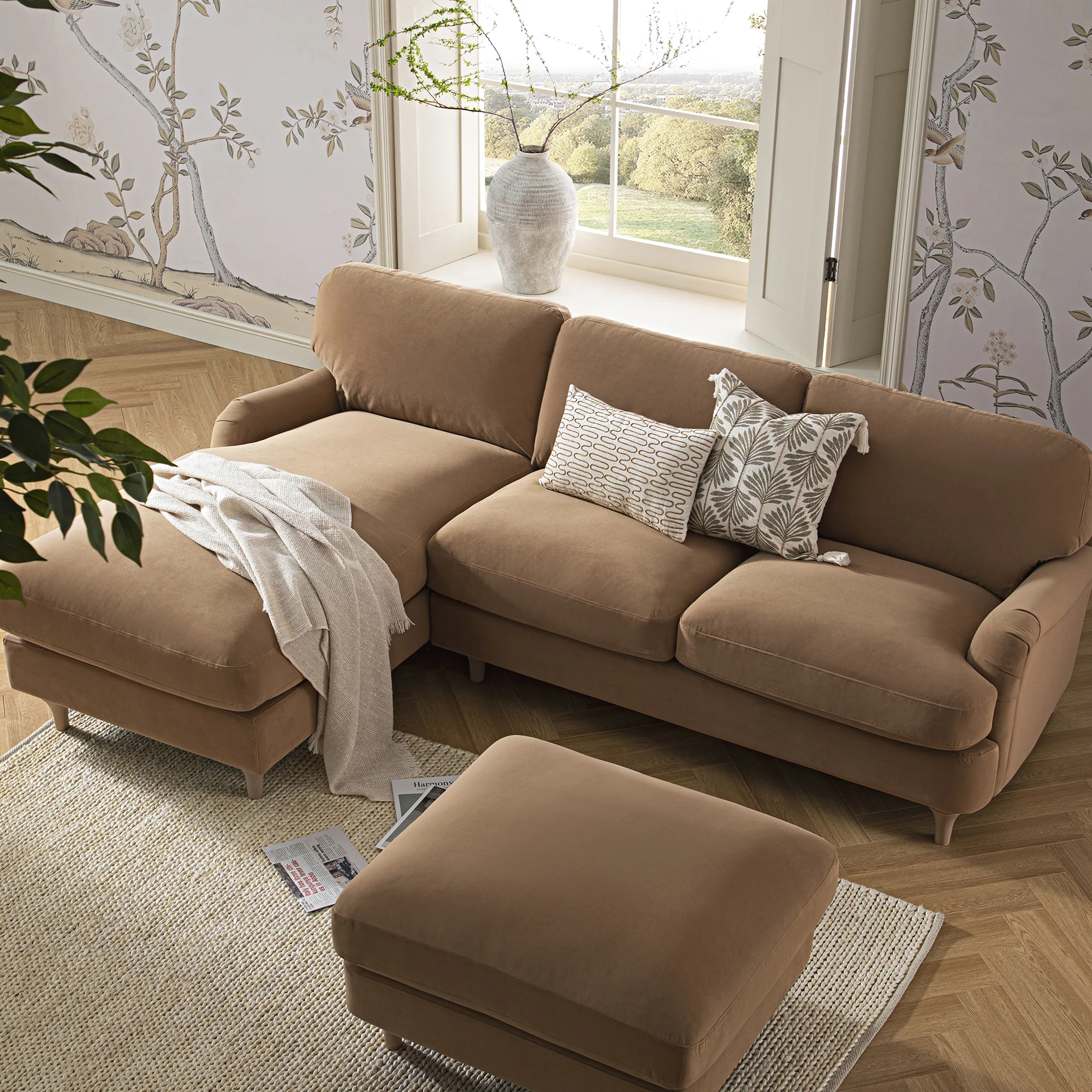 Daphnis Camel Velvet Sofa, Grande Chaise Sofa Left Hand Facing - Image 3