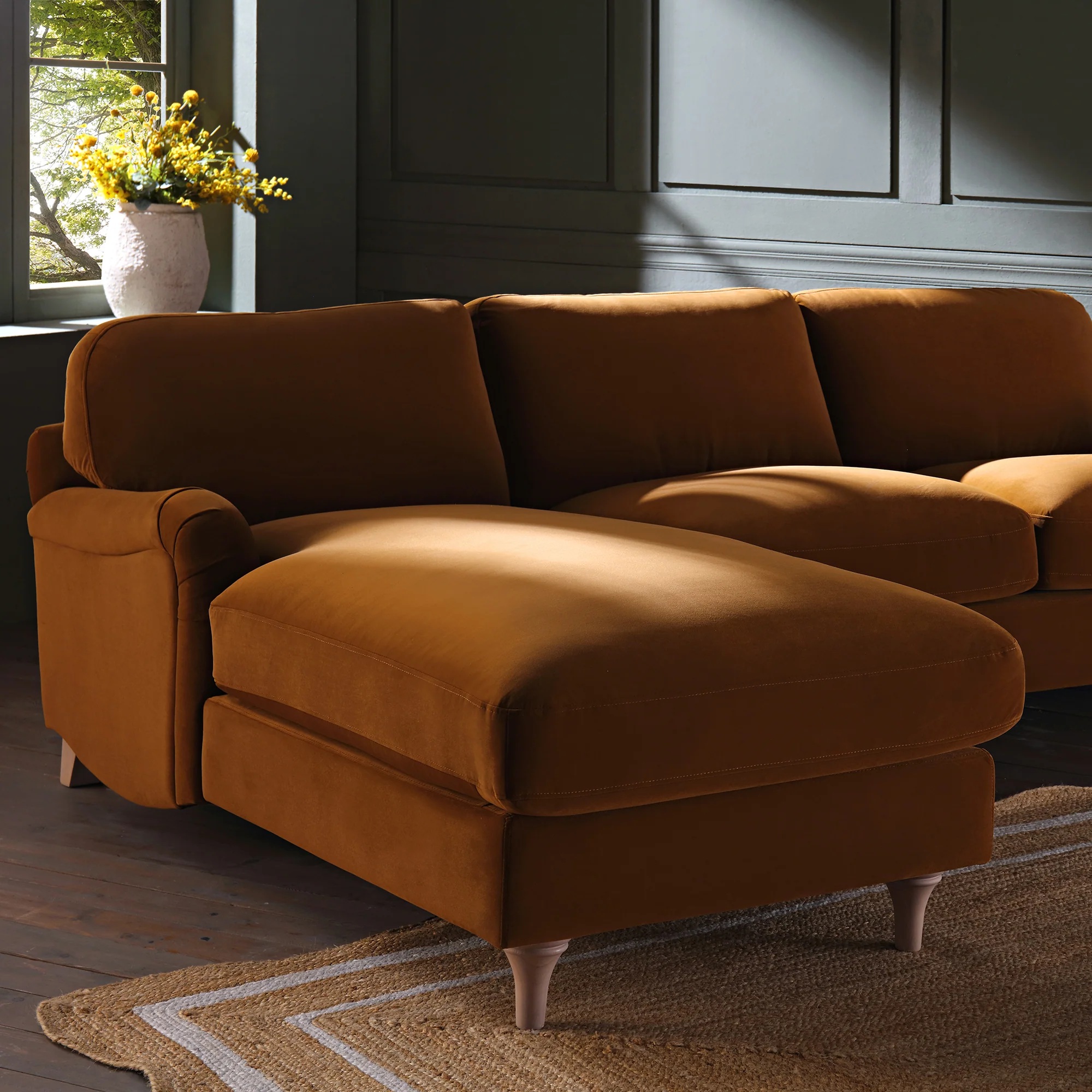 Daphnis Cinnamon Velvet Sofa, Grande Chaise Sofa Left Hand Facing - Image 4