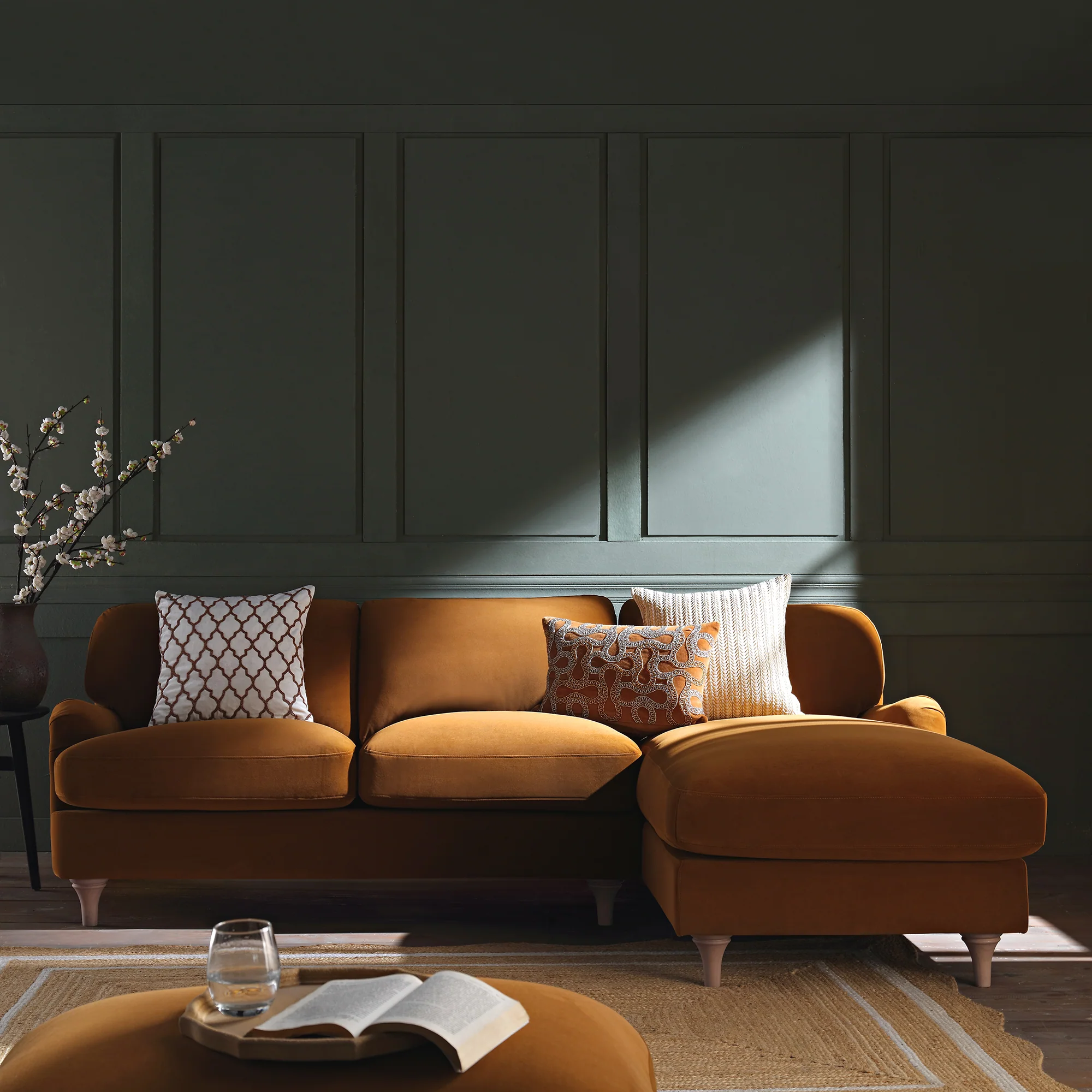 Daphnis Cinnamon Velvet Sofa, Grande Chaise Sofa Right Hand Facing - Image 2