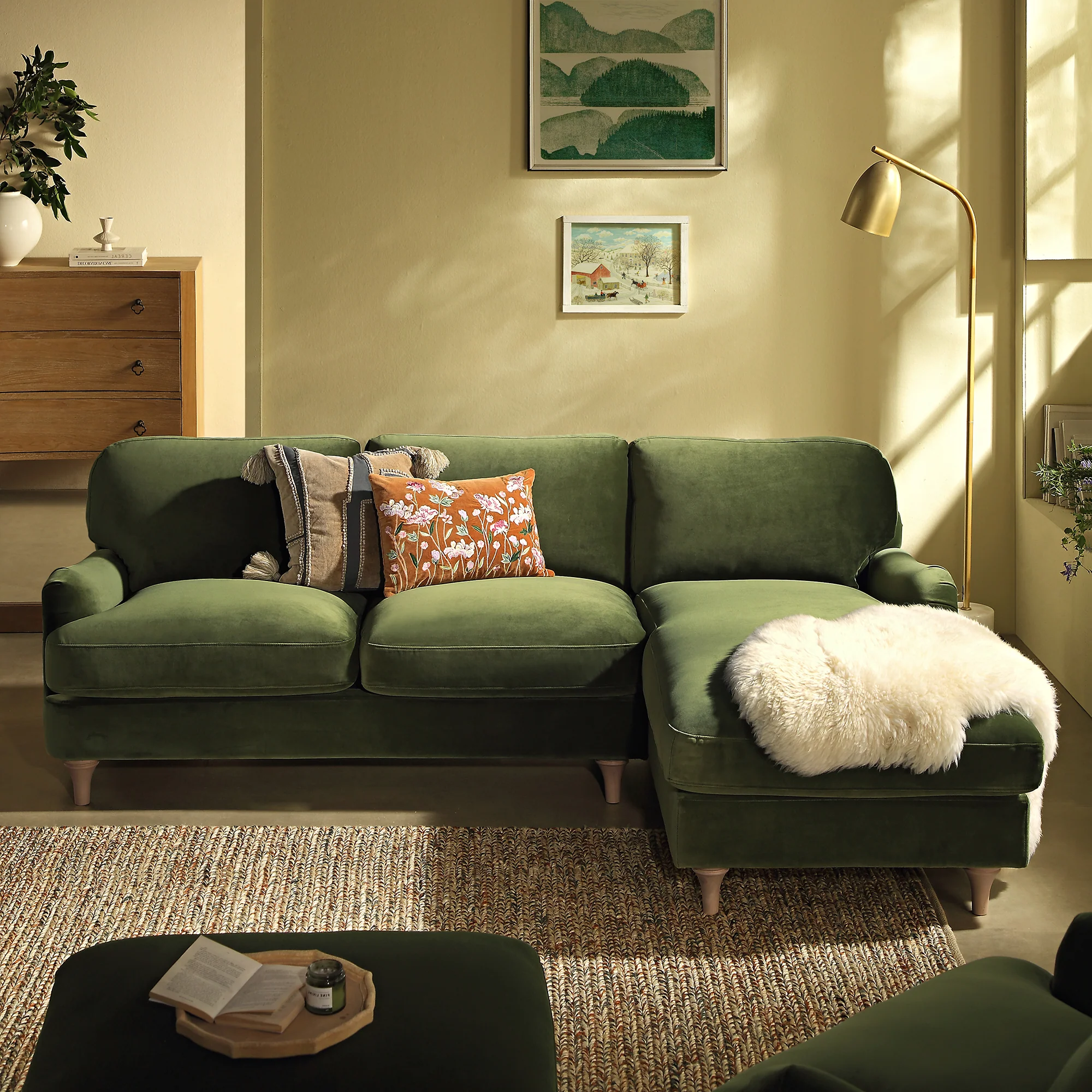 Daphnis Fern Green Velvet Sofa, Grande Chaise Sofa Right Hand Facing - Image 3