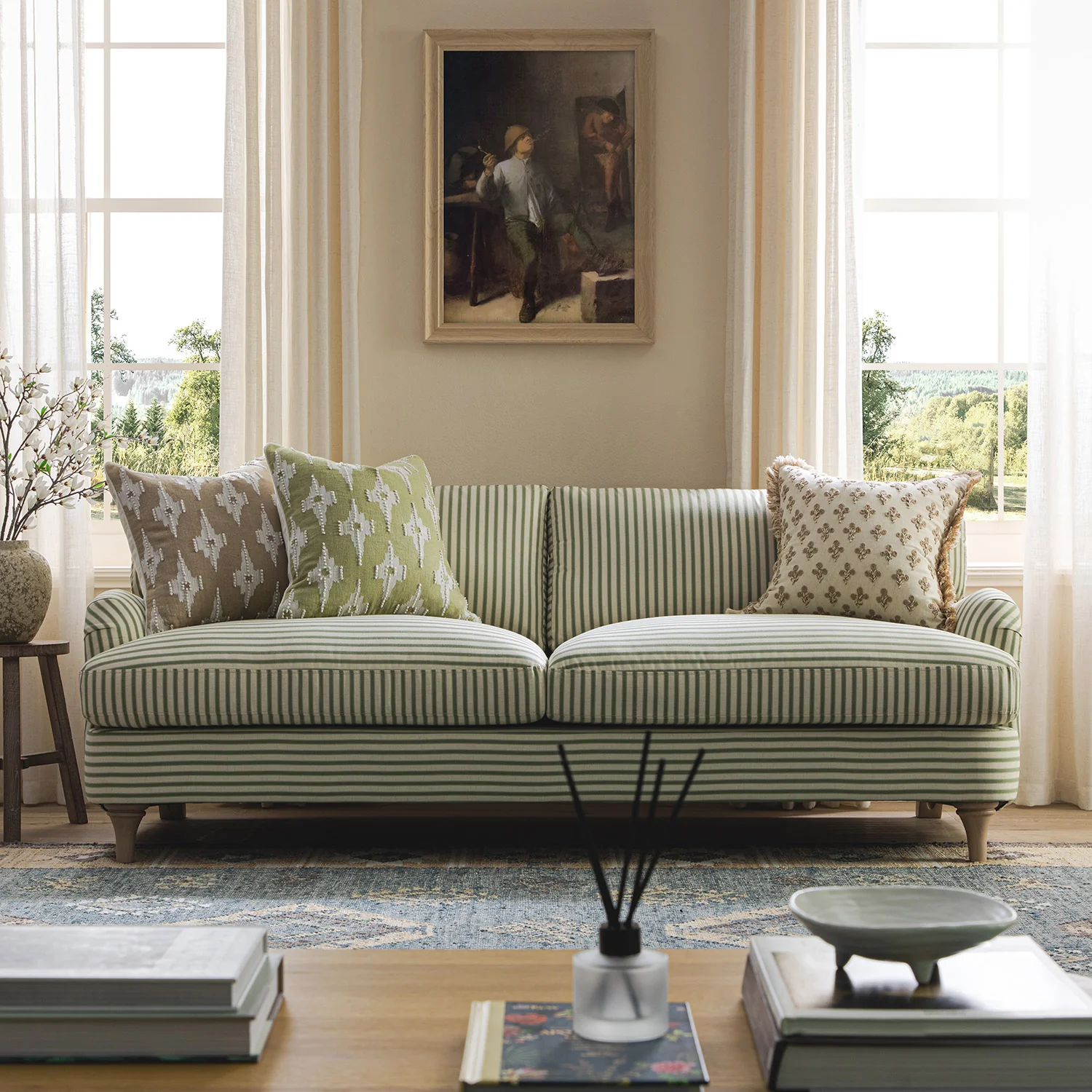 Daphnis Green Striped Linen Blend Sofa, 3-Seater - Image 2