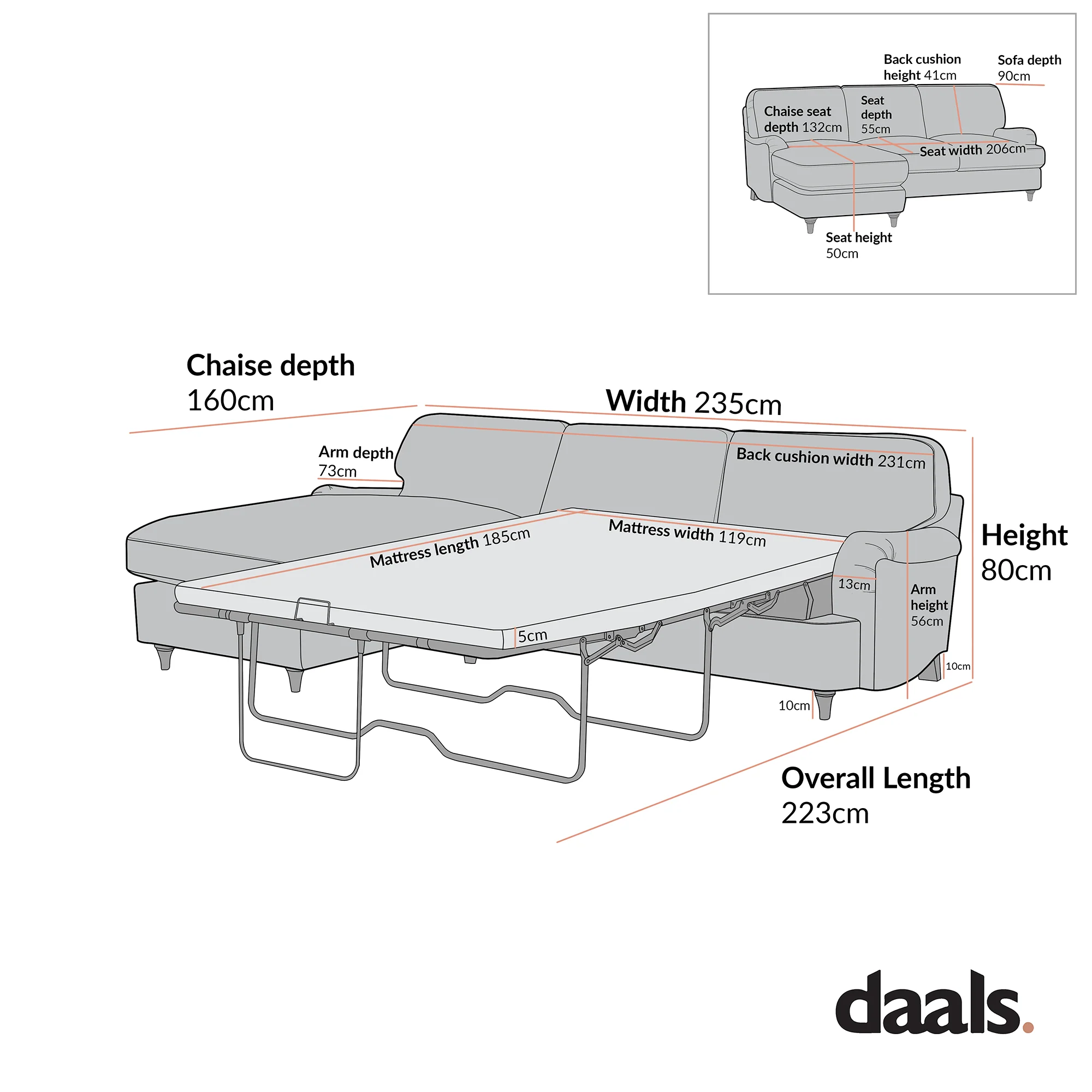 Daphnis Oatmeal Fabric Sofa Bed, Grande Chaise Left Hand Facing - Image 10