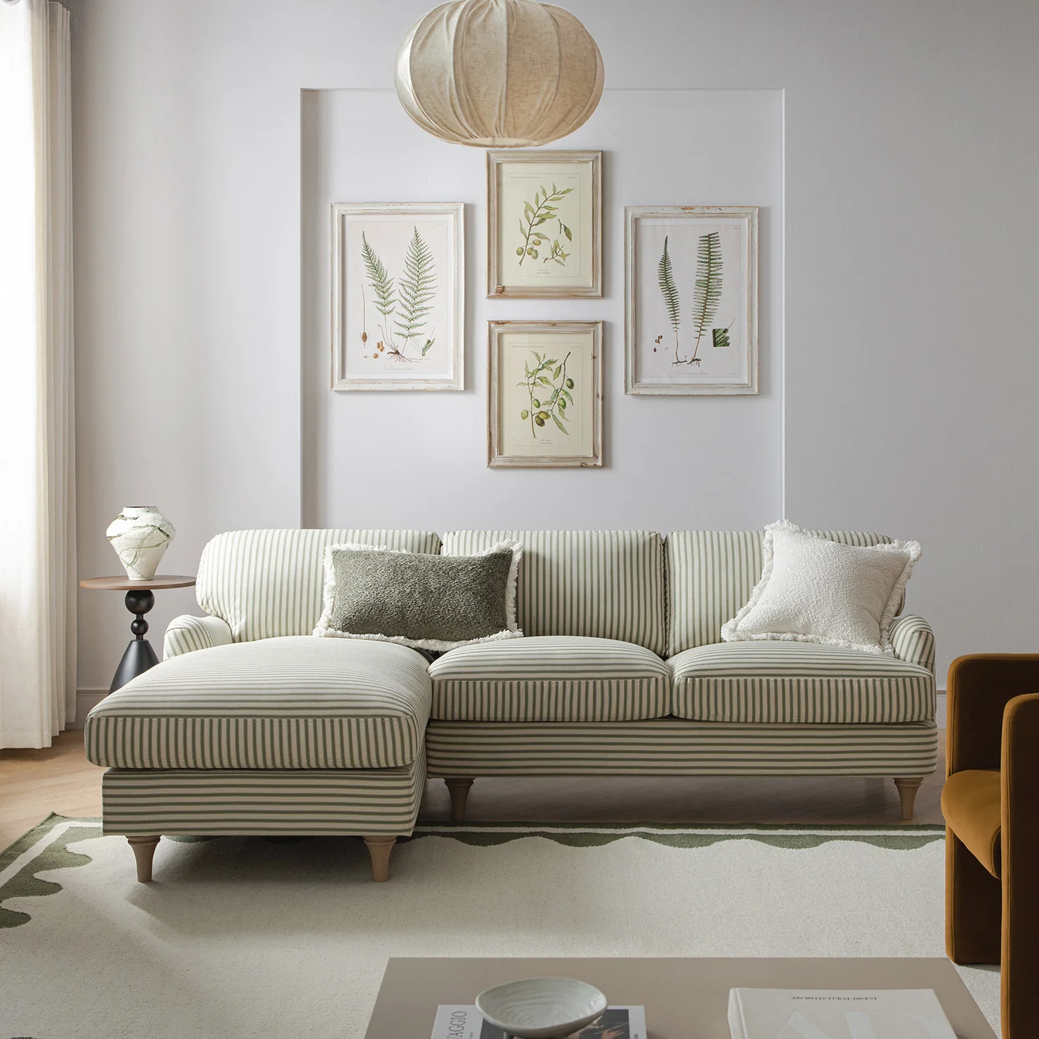 Daphnis Green Striped Linen Blend Sofa, Grande Chaise Sofa Left Hand Facing - Image 2