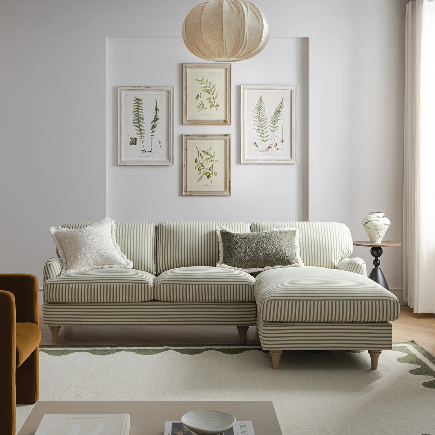 Daphnis Green Striped Linen Blend Sofa, Grande Chaise Sofa Right Hand Facing - Image 2