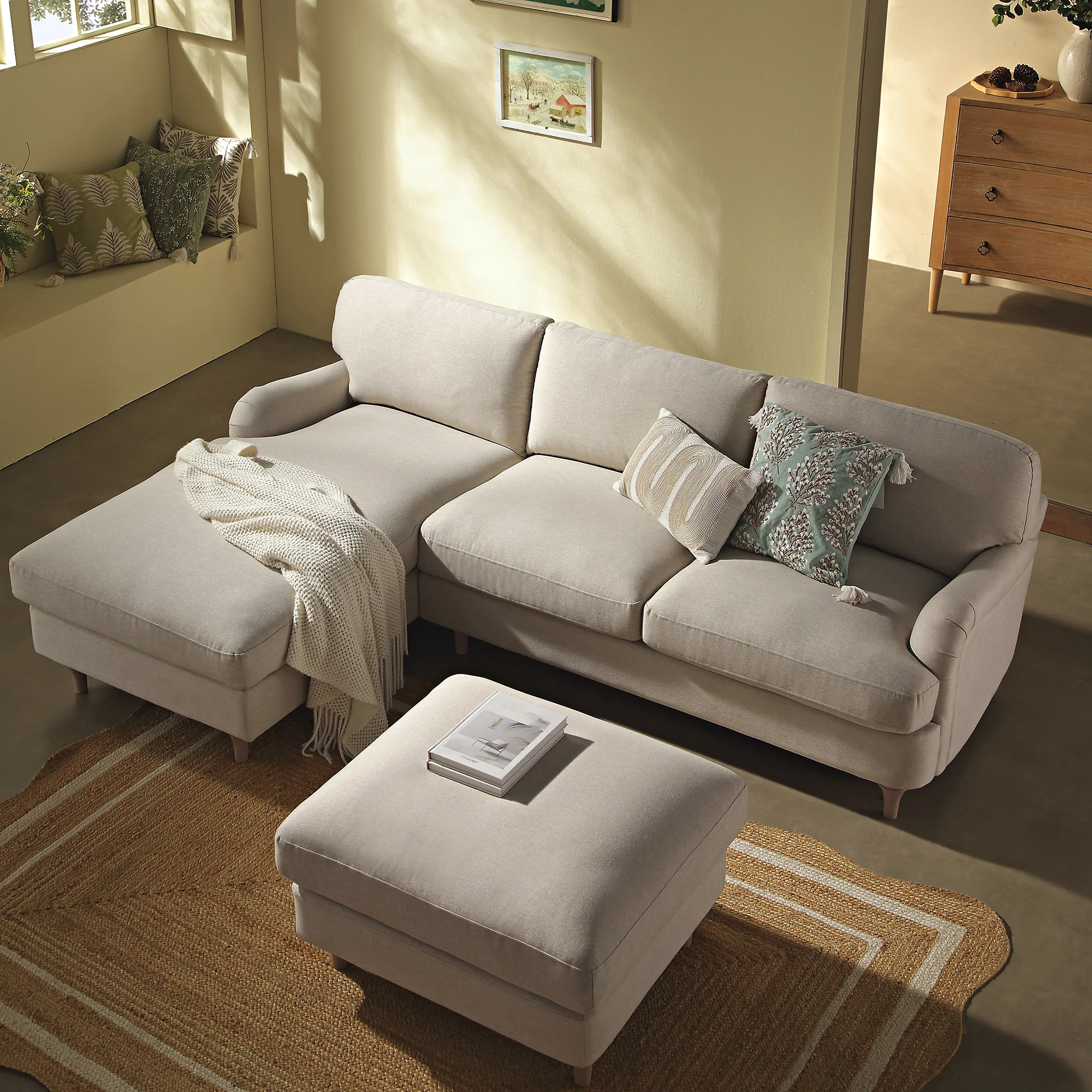 Daphnis Oatmeal Fabric Sofa, Grande Chaise Sofa Left Hand Facing - Image 2