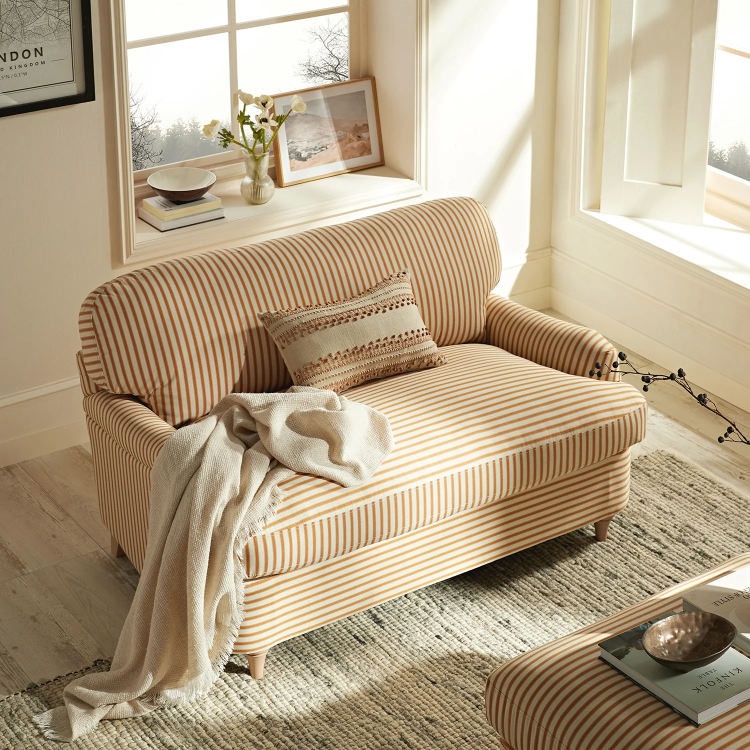 Daphnis Ochre Striped Linen Blend Fabric Sofa Bed, Loveseat - Image 6