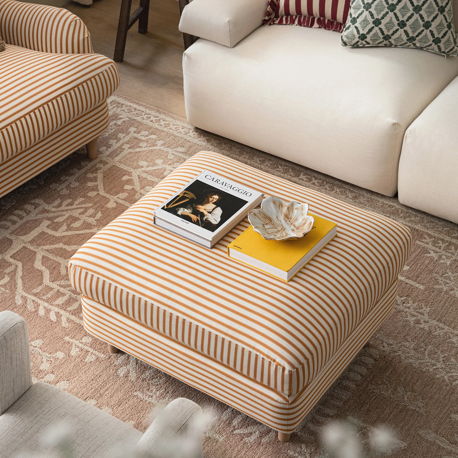 Daphnis Ochre Striped Linen Blend Footstool - Image 3