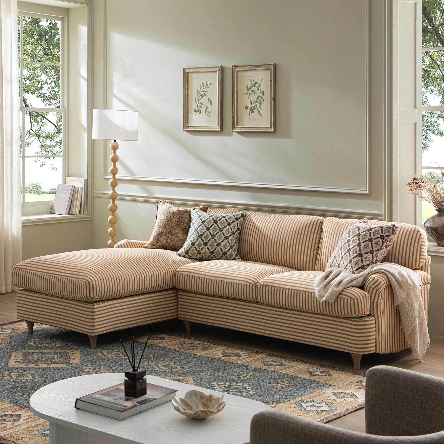 Daphnis Ochre Striped Linen Blend Sofa Bed, Grande Chaise Left Hand Facing - Image 2