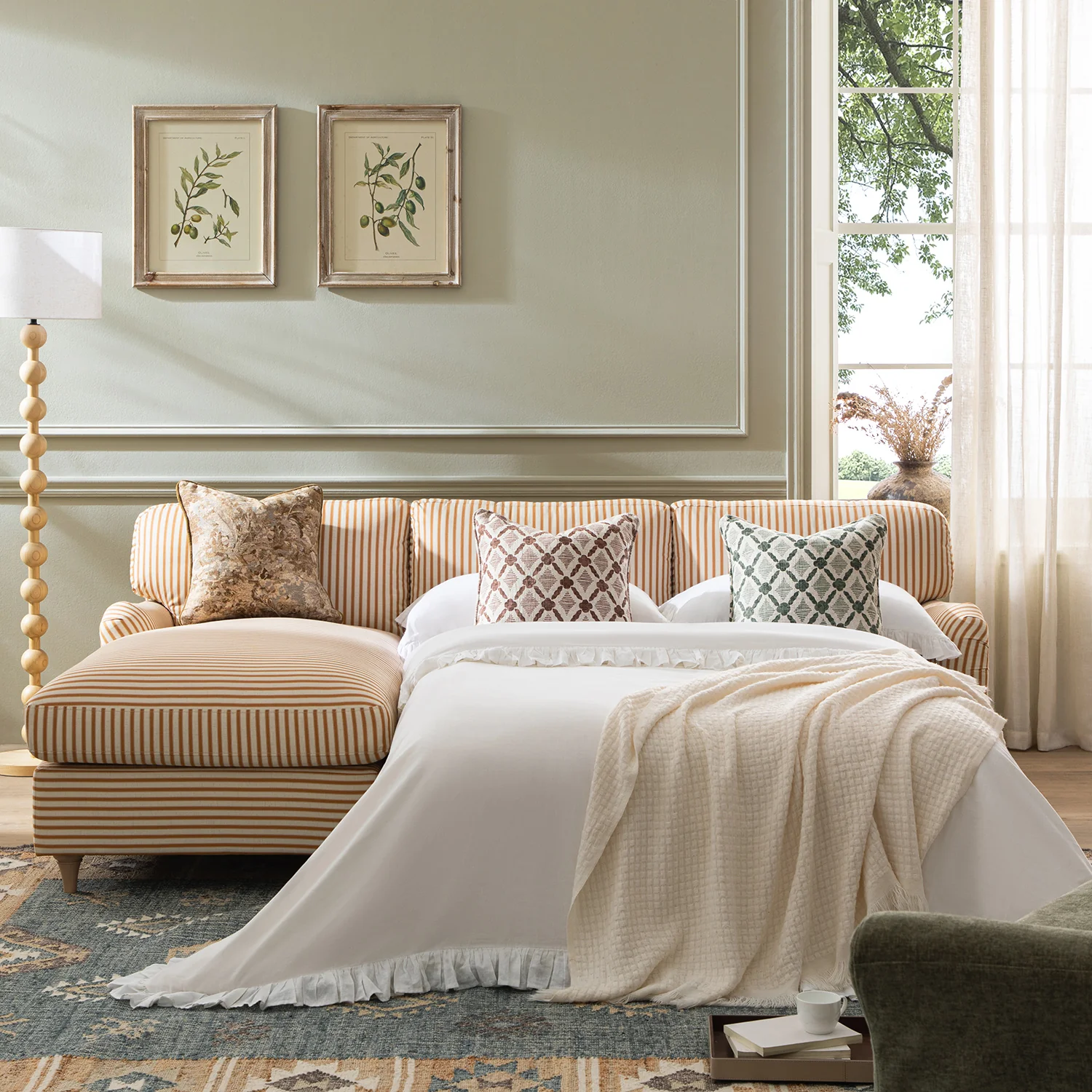 Daphnis Ochre Striped Linen Blend Sofa Bed, Grande Chaise Left Hand Facing - Image 3